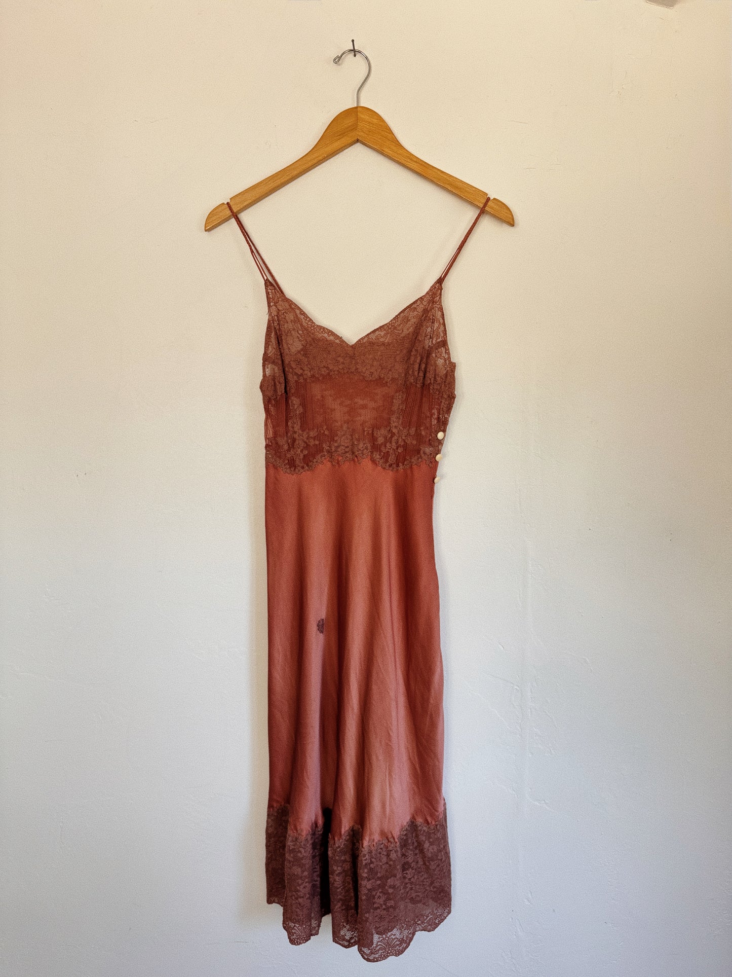 1930s Brown Silk + Lace Slip Dress w/ Braided Straps- XS/S