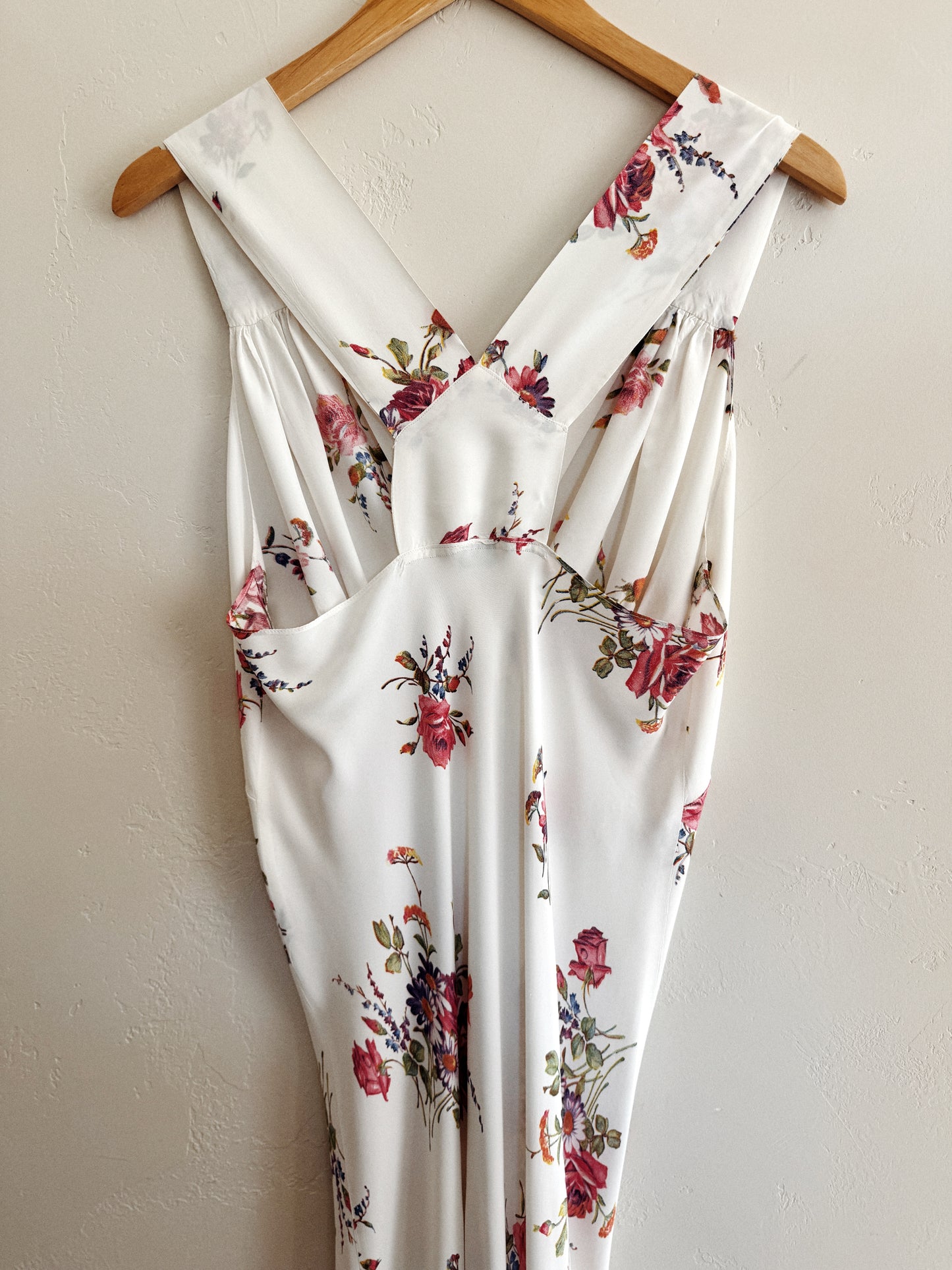 1940s White Cold Rayon Floral Razor Back Slip Dress- L