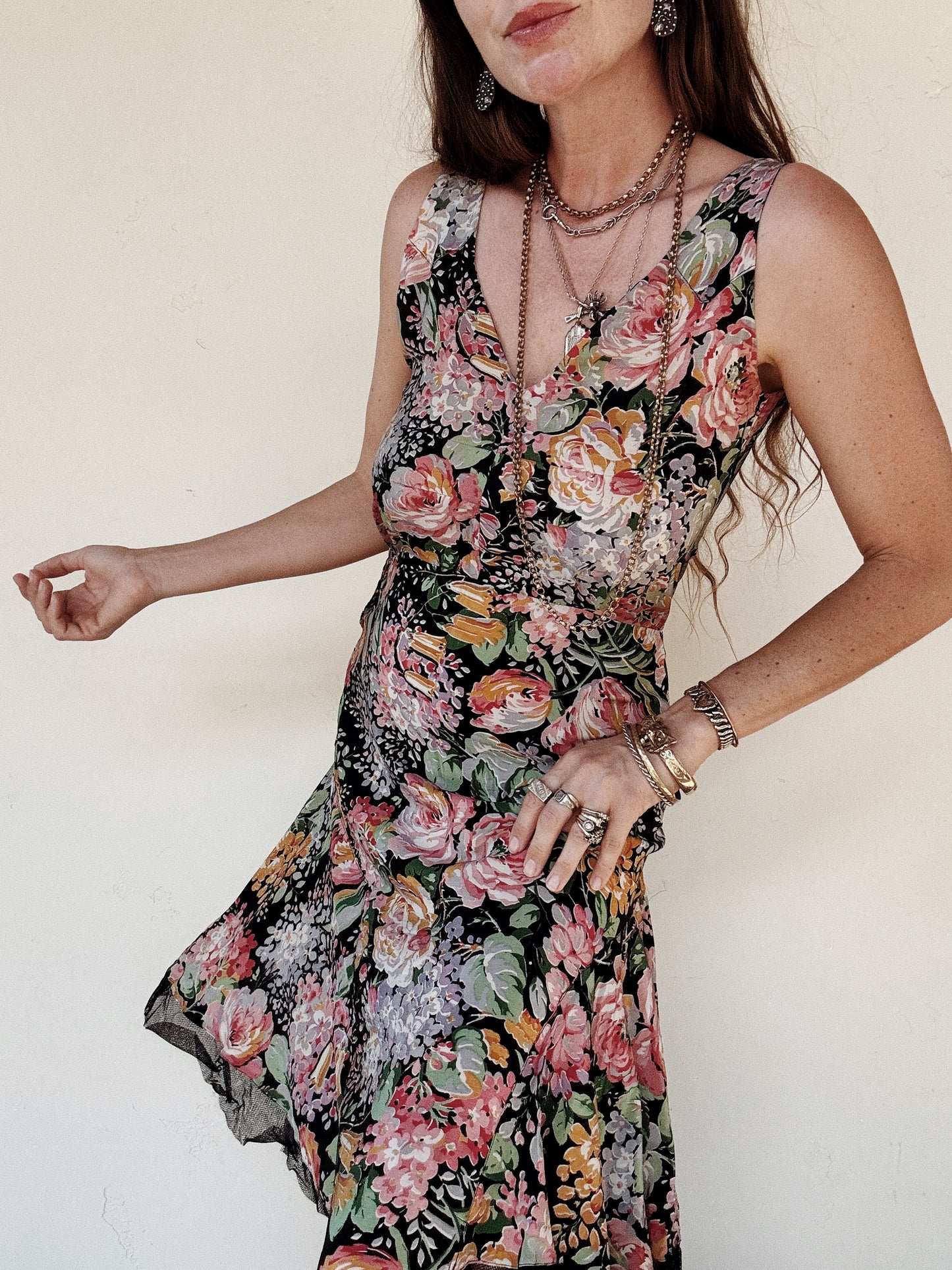 1930s Black Multicolor Floral Silk Gown w/ Mesh Trim- S/M