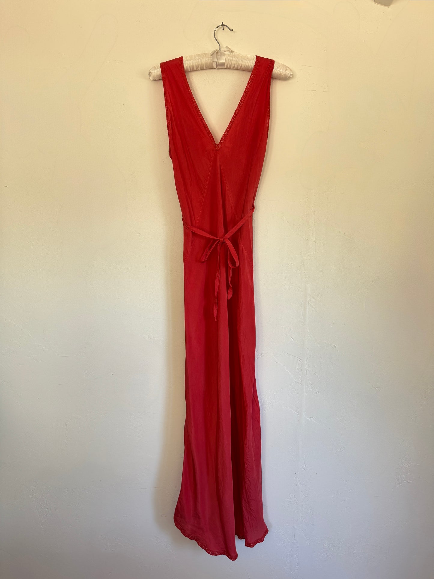 1930s Negroni Red Embellished Silk + Lace Slip Dress- S/M-M