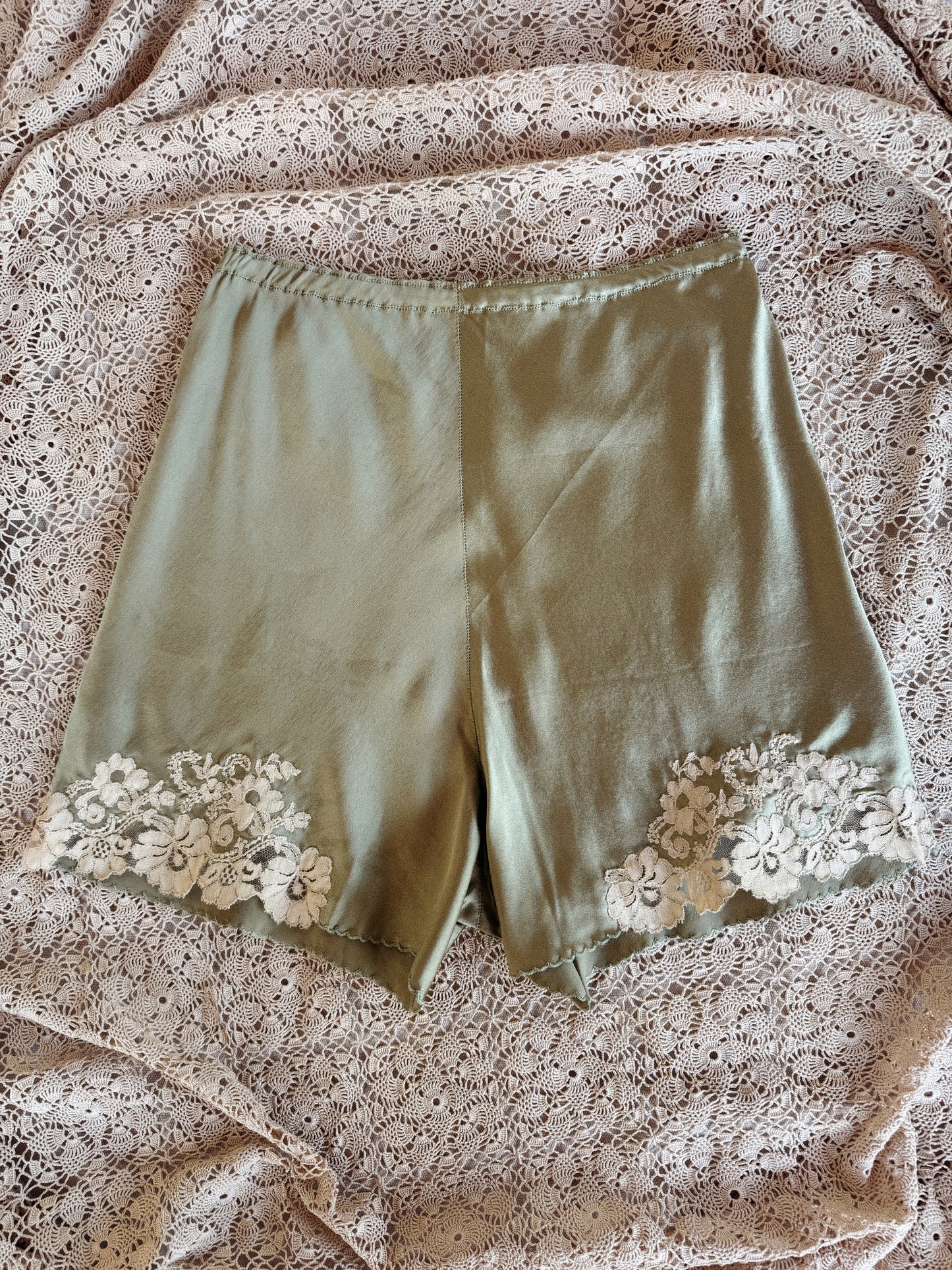 1930w Sage Charmeuse Silk + Lace Tap Shorts- S/M