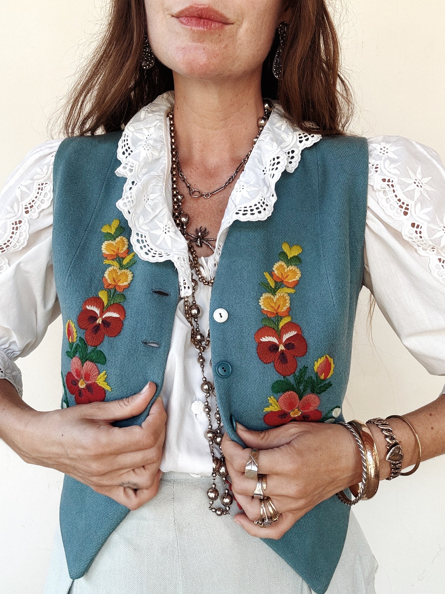 1930s/40s Cornflower Blue Embroidered Floral Waistcoat Vest- S/M