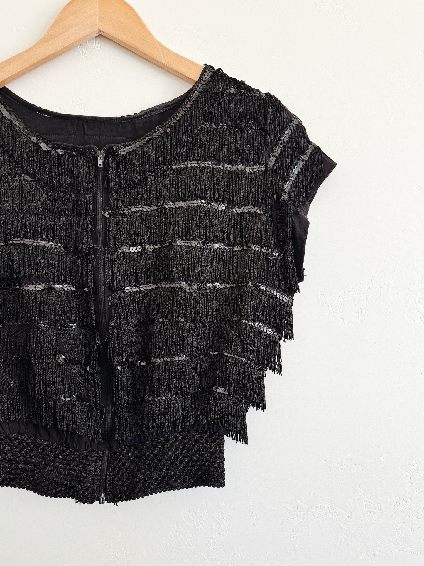 1930s Rare Zipper Front Fringe Cropped Top w/ Sequins- S/M