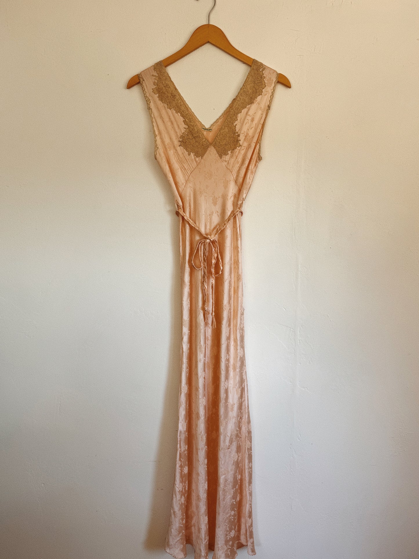 1930s Silk Floral Jacquard + Lace Slip Dress w/ Braided Sash- S-S/M