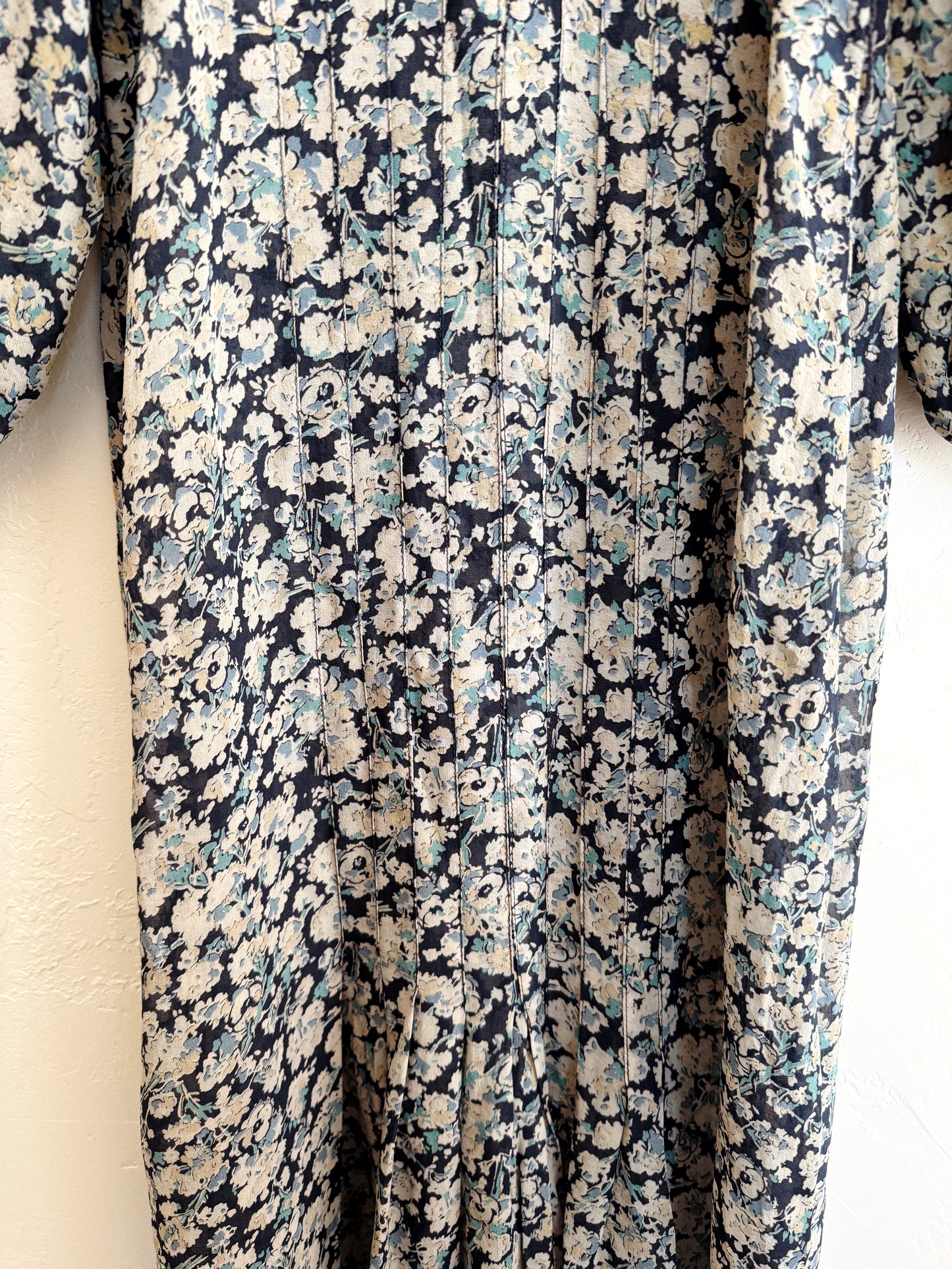 1930s Blue Floral Silk Chiffon Day Dress w/ Balloon Sleeves- S