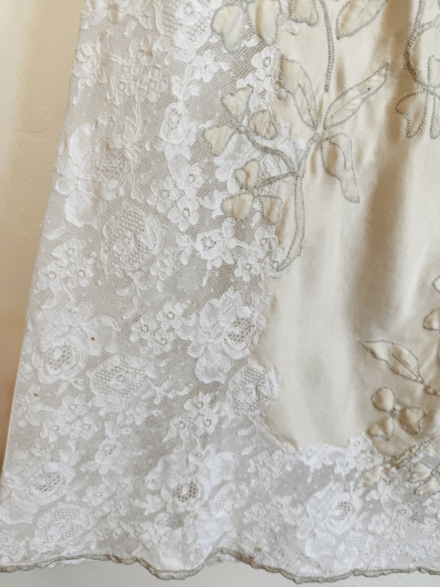1940s/50s Ultra Pure White Lace + Silk Slip Dress w/ Pale Blue Flowers- S-M