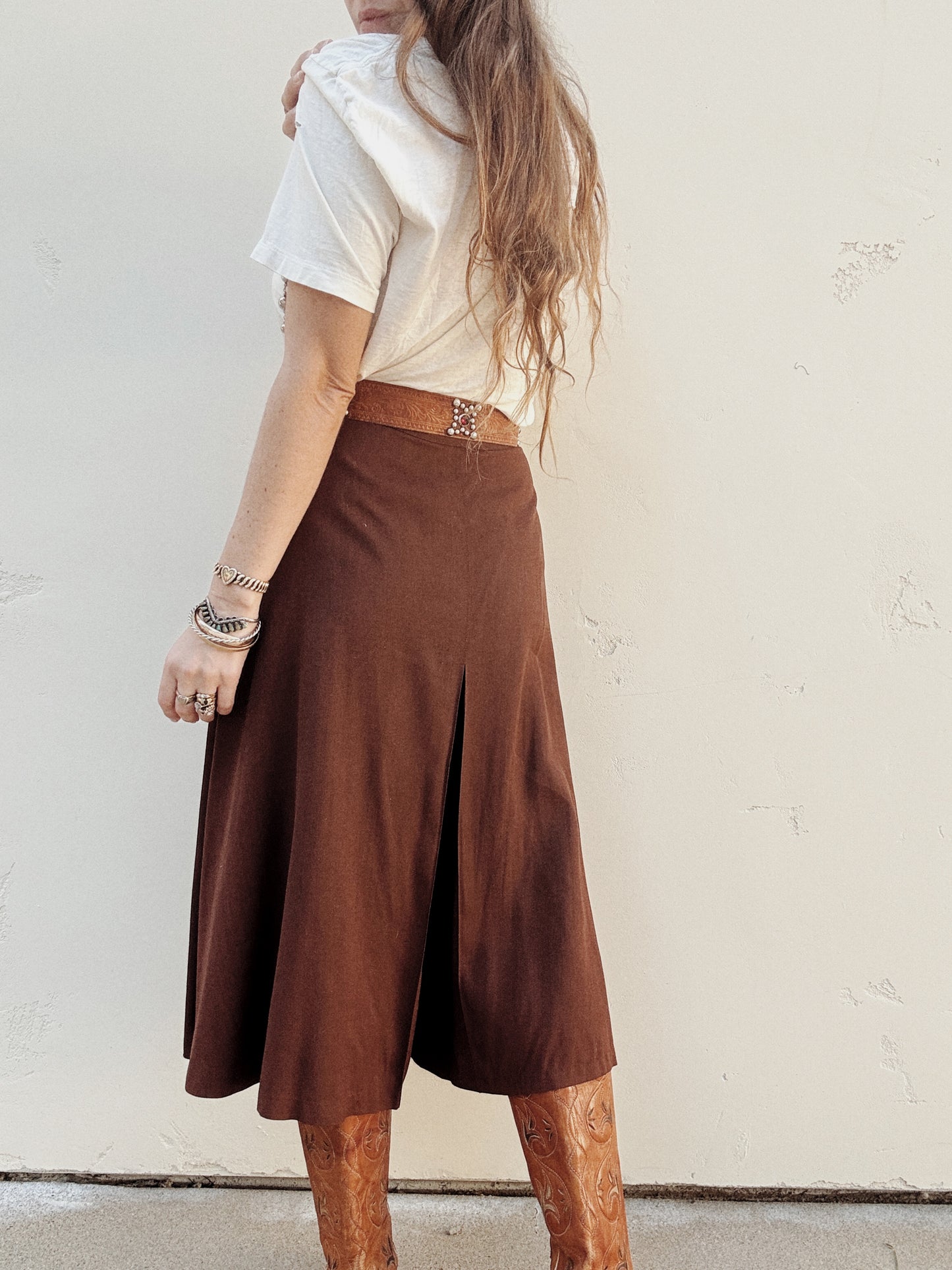 1940s Brown Rayon Gabardine Split Skirt Culotte Pants- S/M