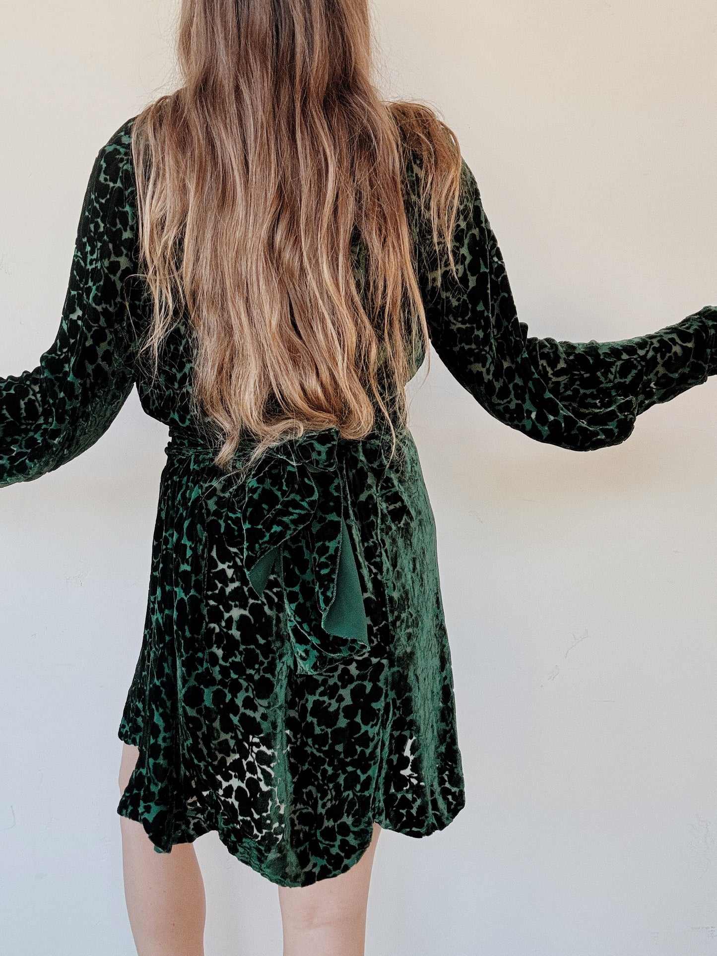 1920s/30s Emerald Devoré Silk Velvet Wrap Top Mini Dress- S/M-M