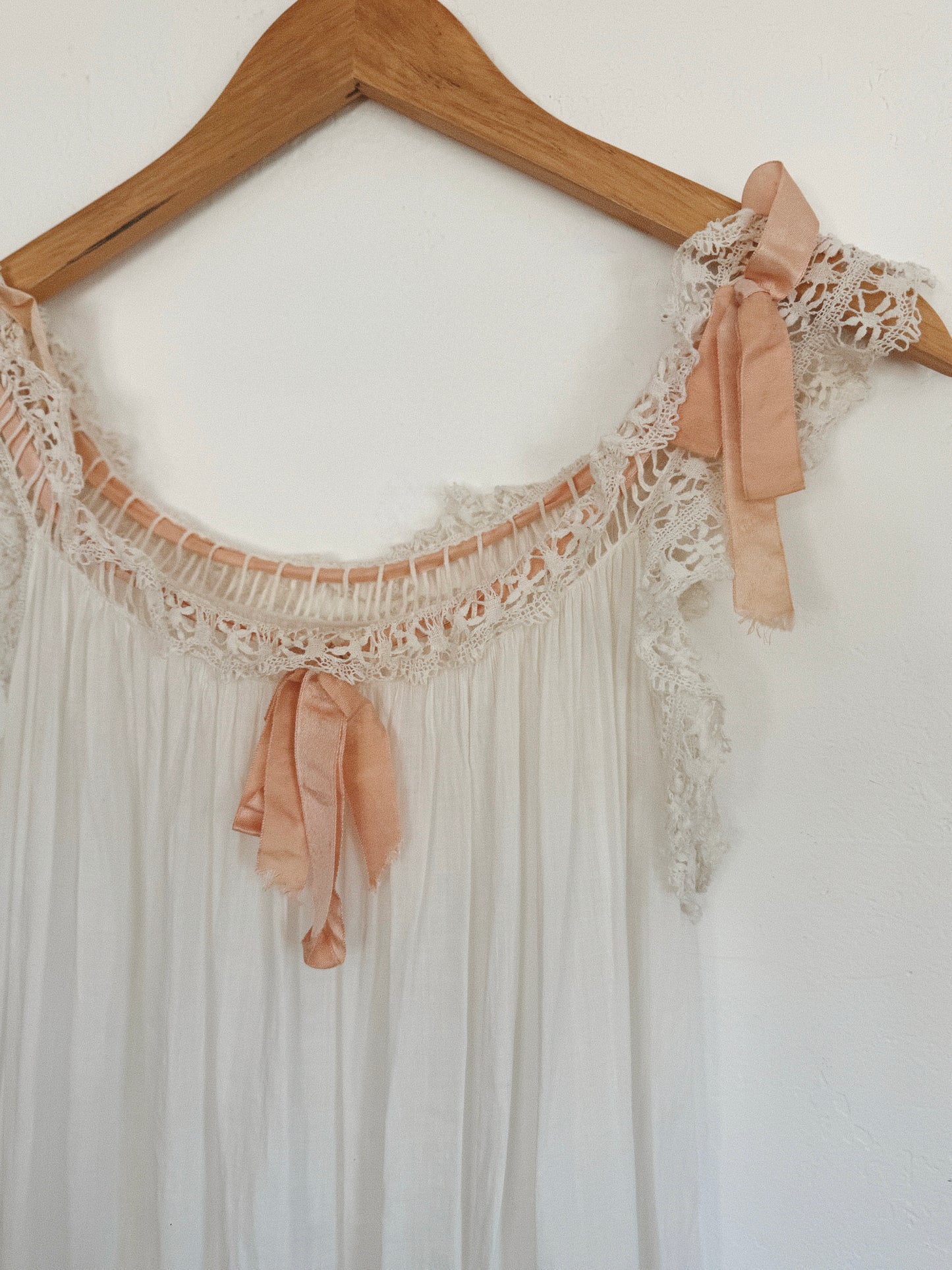 Victorian White Cotton Nightgown w/ Crocheted Trim + Pink Ribbon- XS- S/M