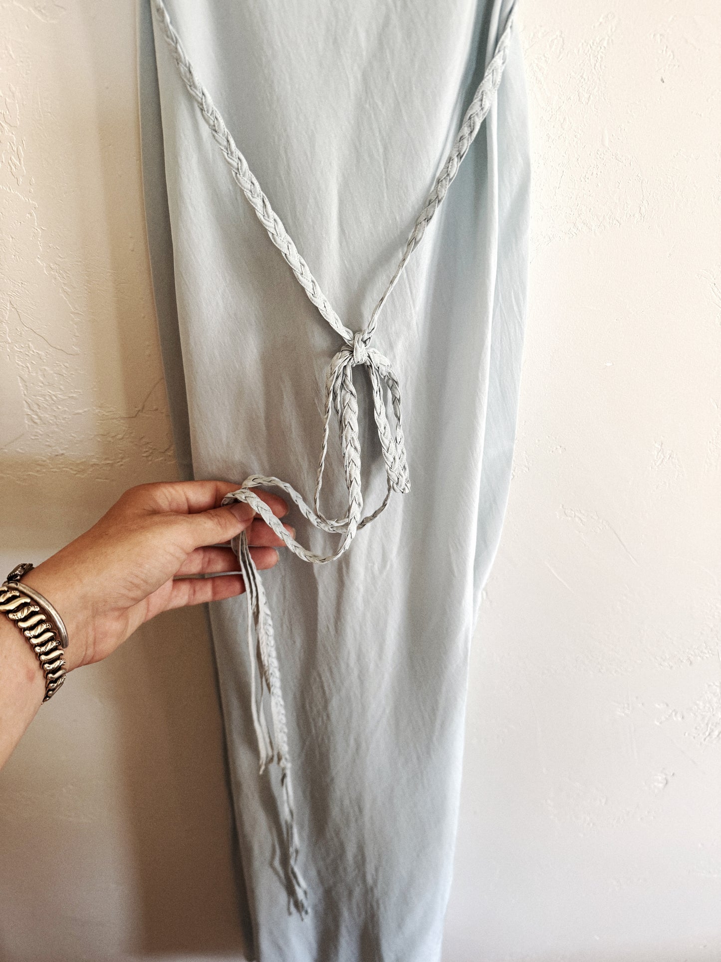 1940s Icy Blue Silk Crepe Slip w/ Braided Trim + Sash- S/M-M