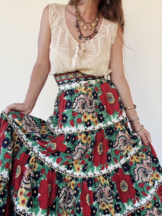 1940s Red + Navy Floral Seersucker Maxi Skirt- S/M