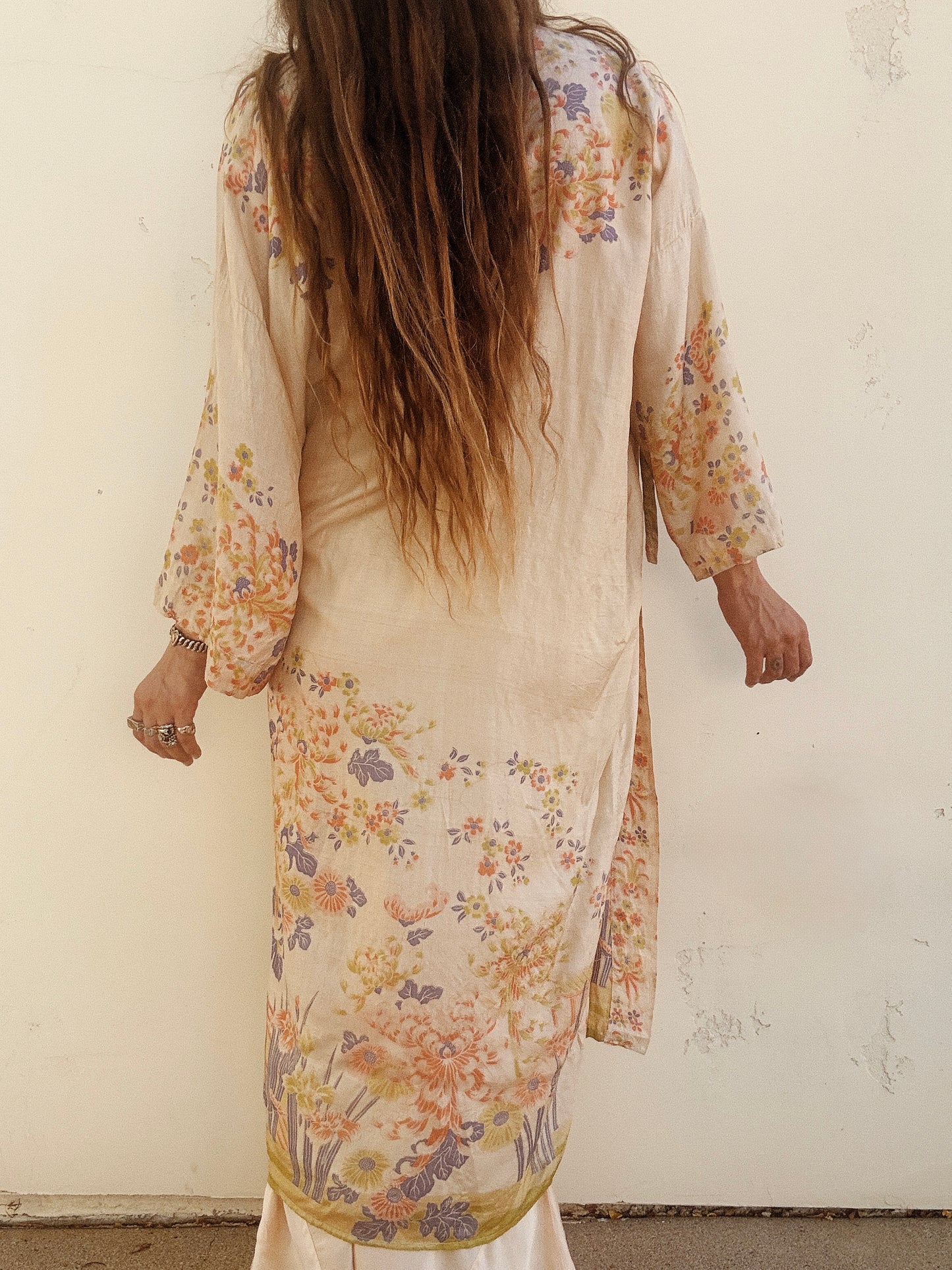 1920s Chartreuse + Periwinkle Pongee Silk Duster Robe