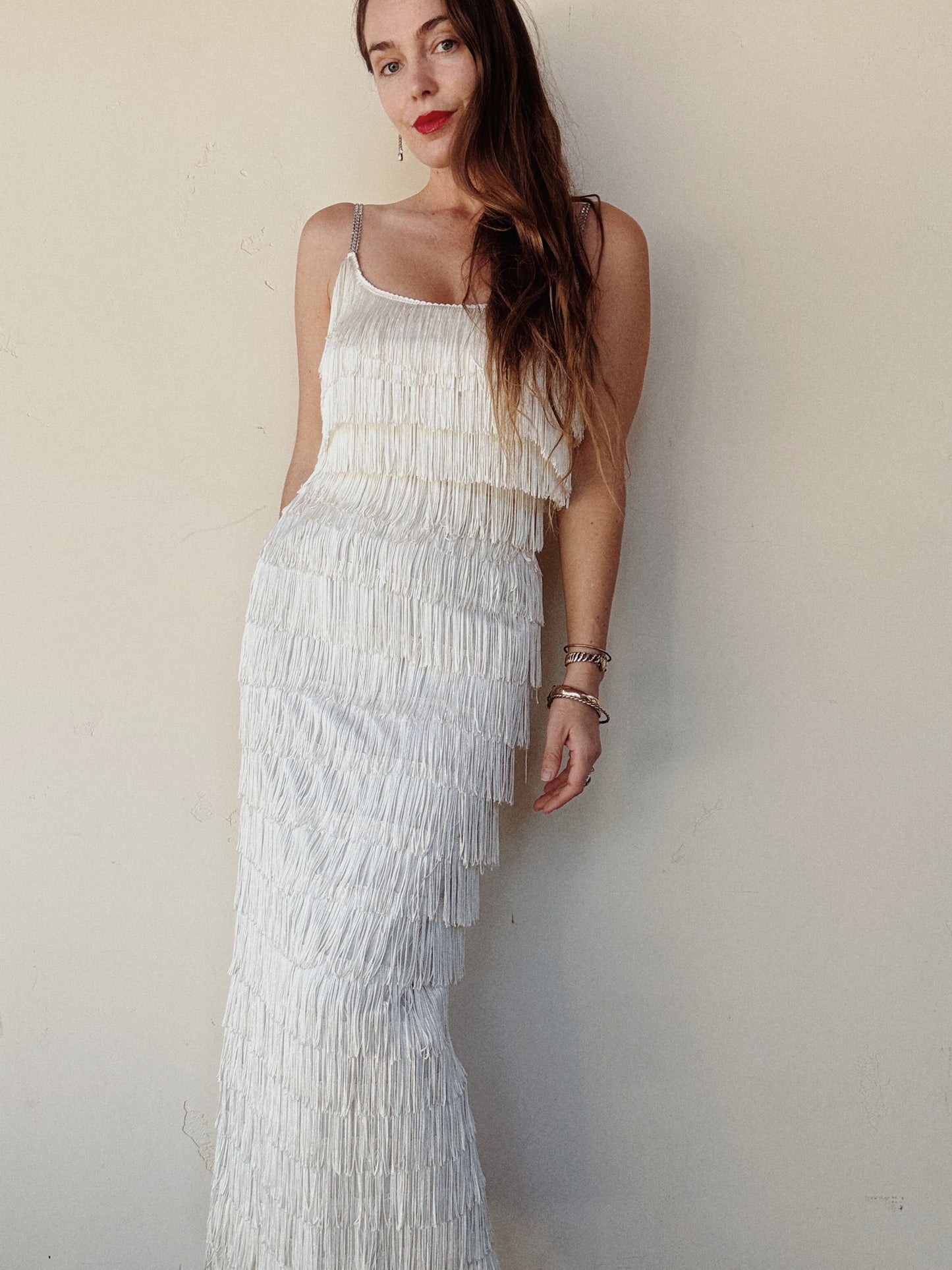 1950s White Tiered Fringe Hourglass Evening Gown- S