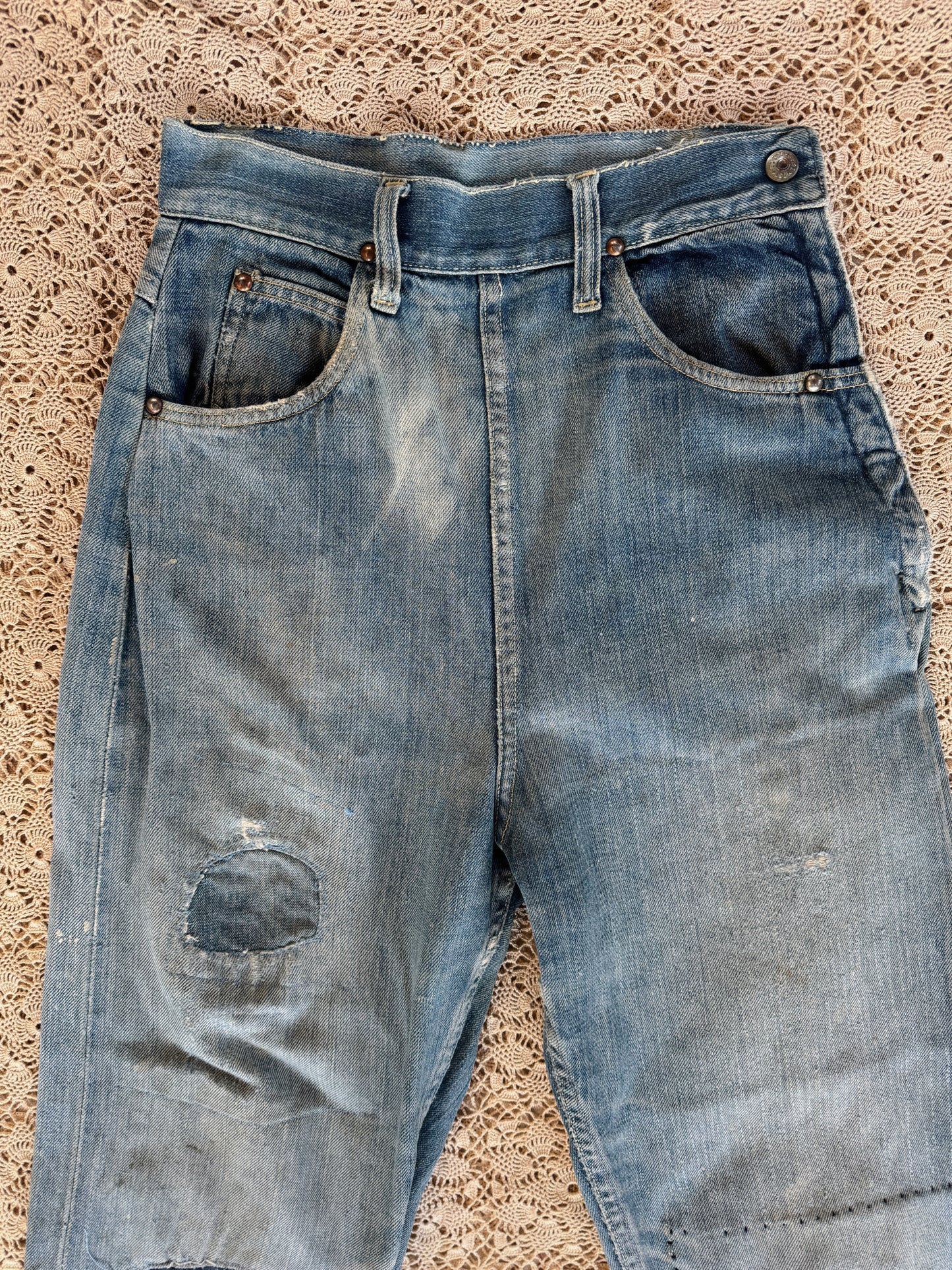 1950s Distressed + Repaired Riveted Selvedge Foremost Denim Side Zips- S