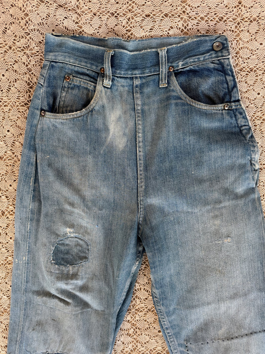 RESERVED- 1950s Distressed + Repaired Riveted Selvedge Foremost Denim Side Zips- S