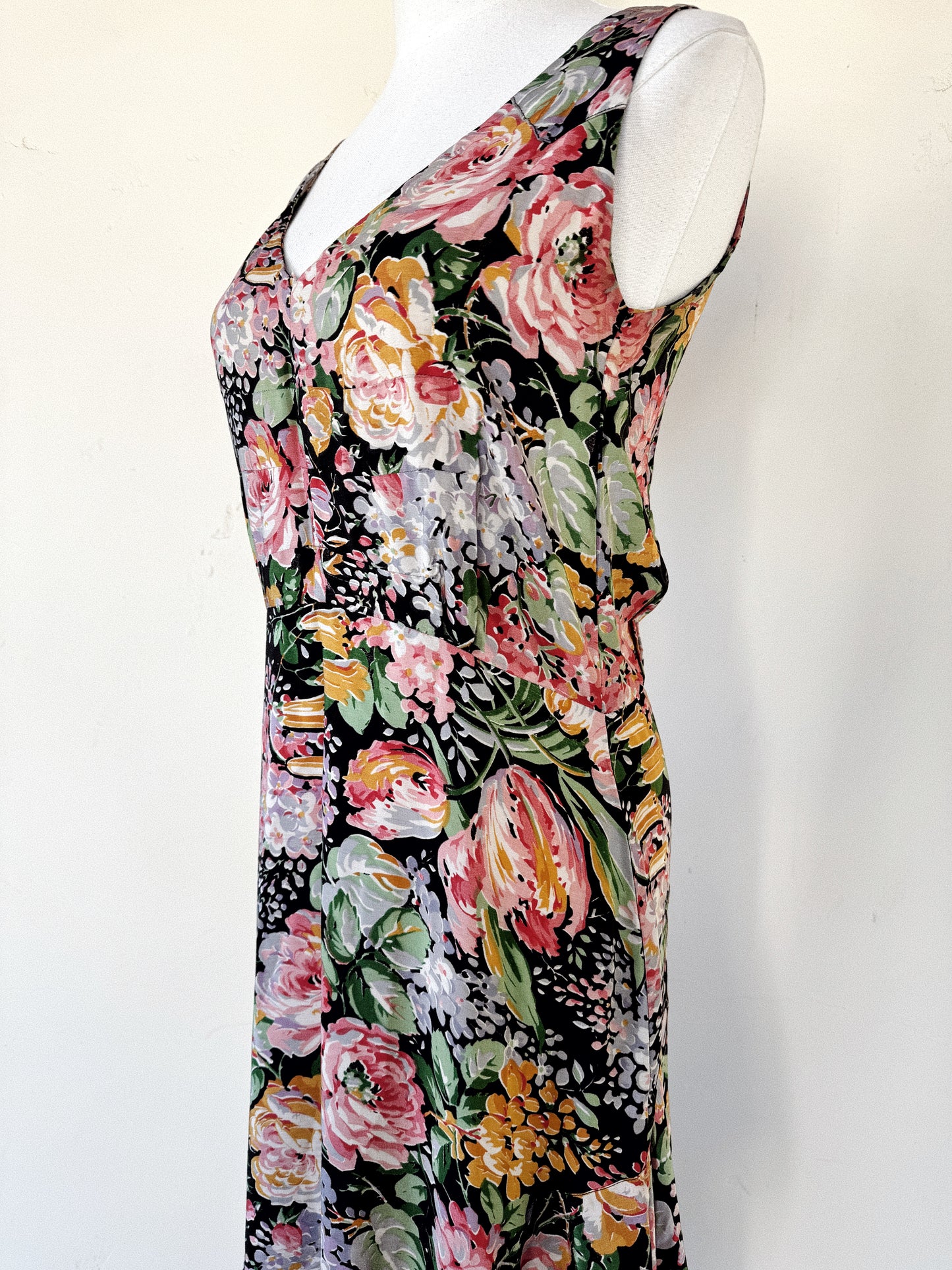 1930s Black Multicolor Floral Silk Gown w/ Mesh Trim- S/M