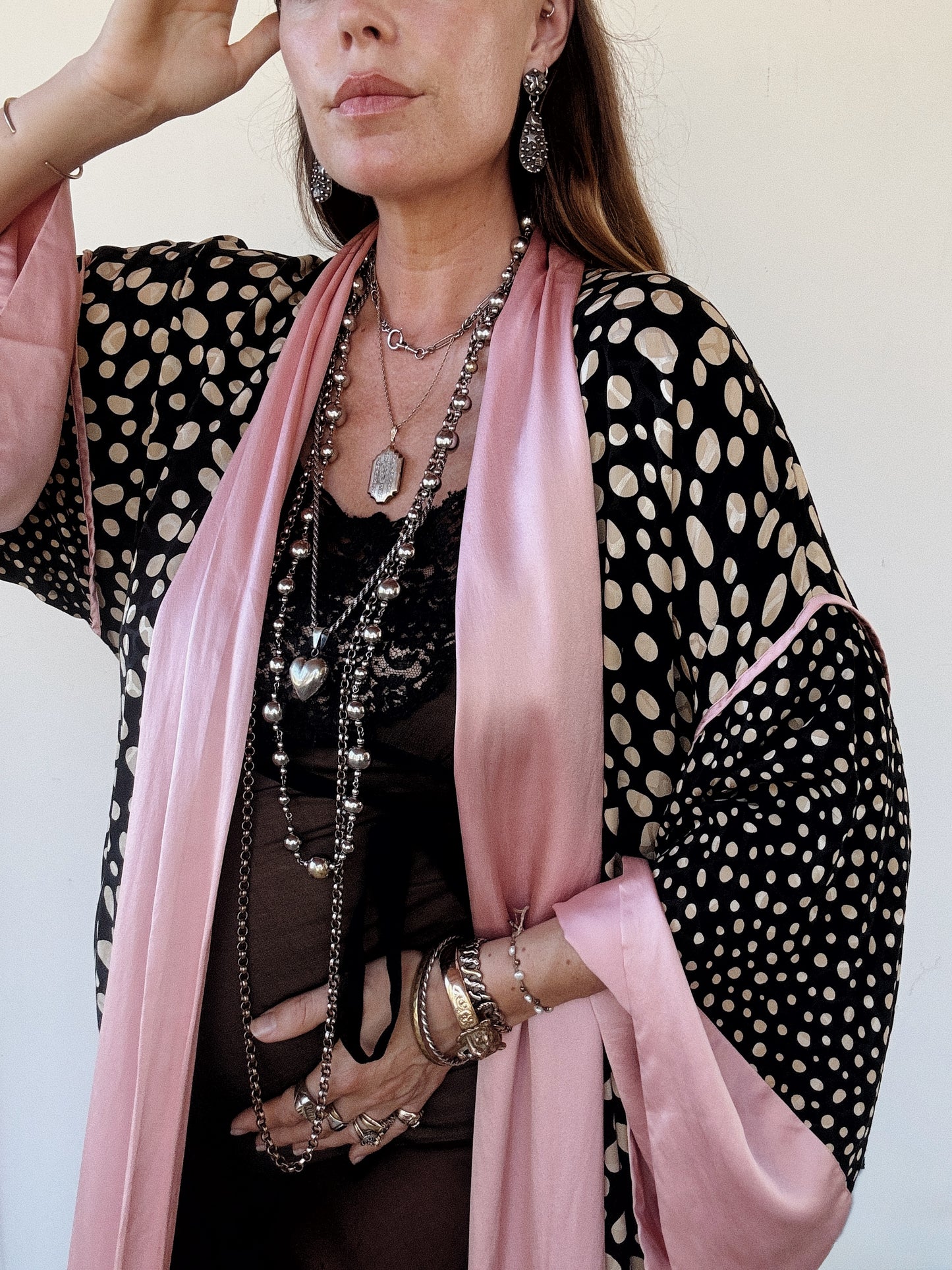 1970s/80s Guy Laroche Polka Dot Silk Duster Robe w/ Pink Charmeuse Trim