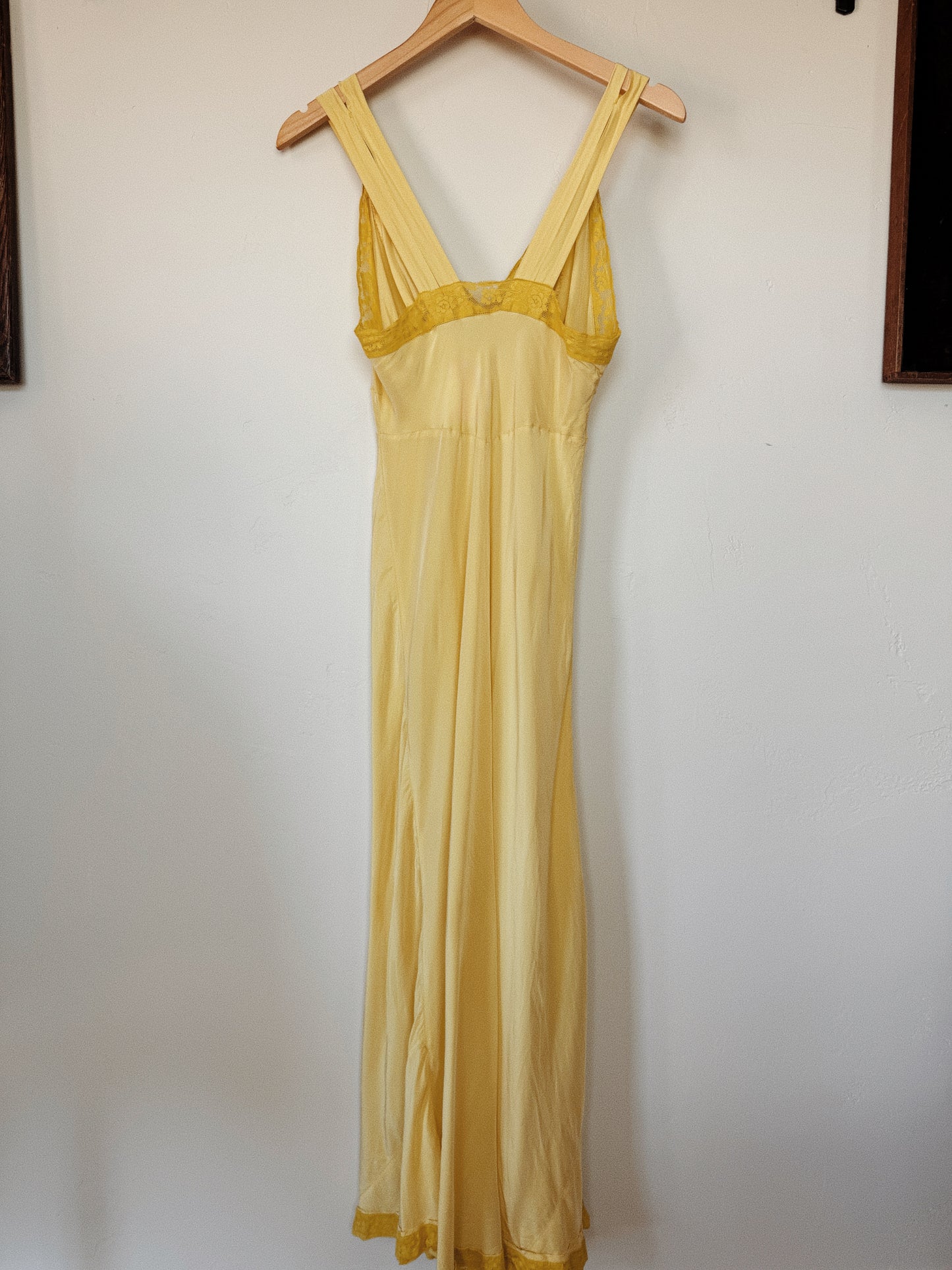 1940s Canary Yellow Cold Rayon + Lace Slip Dress w/ Robins Egg Blue Bow- S- S/M