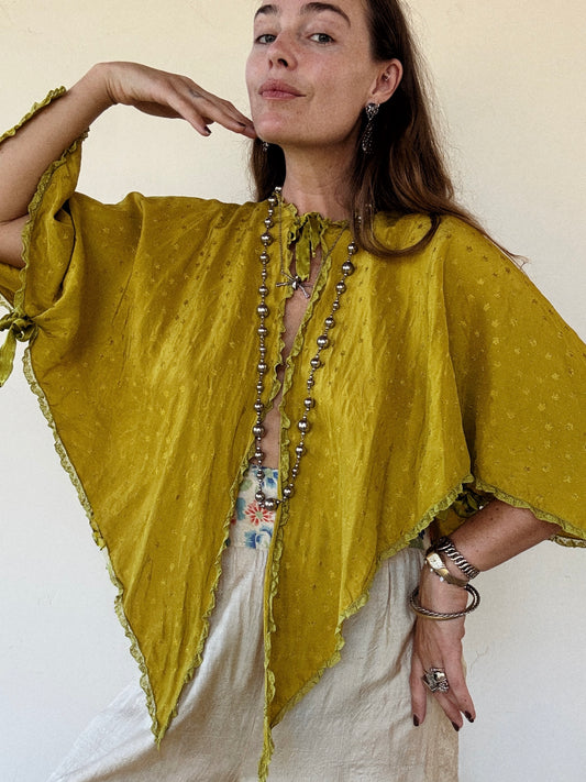 1930s Olive Silk Handkerchief Bed Jacket- S-M