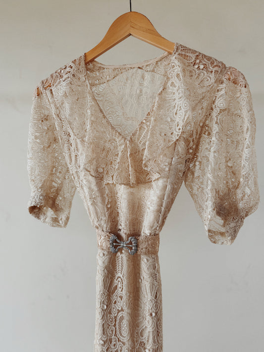 1930s White Lace + Puffed Shoulder Gown w/ Rhinestone Belt- XS/S