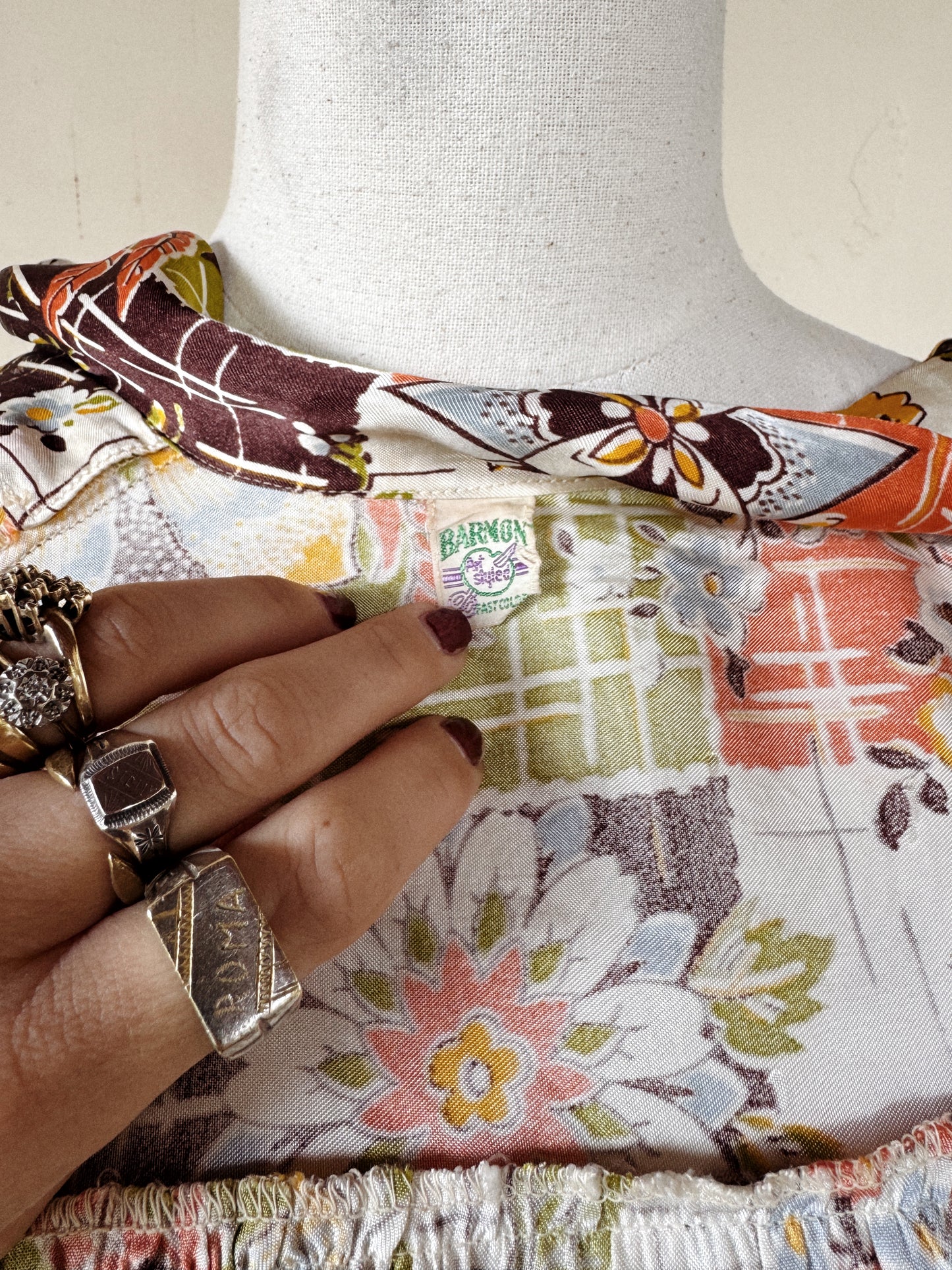 1940s Chartreuse + Orange Passionflower Satin Smock Jacket