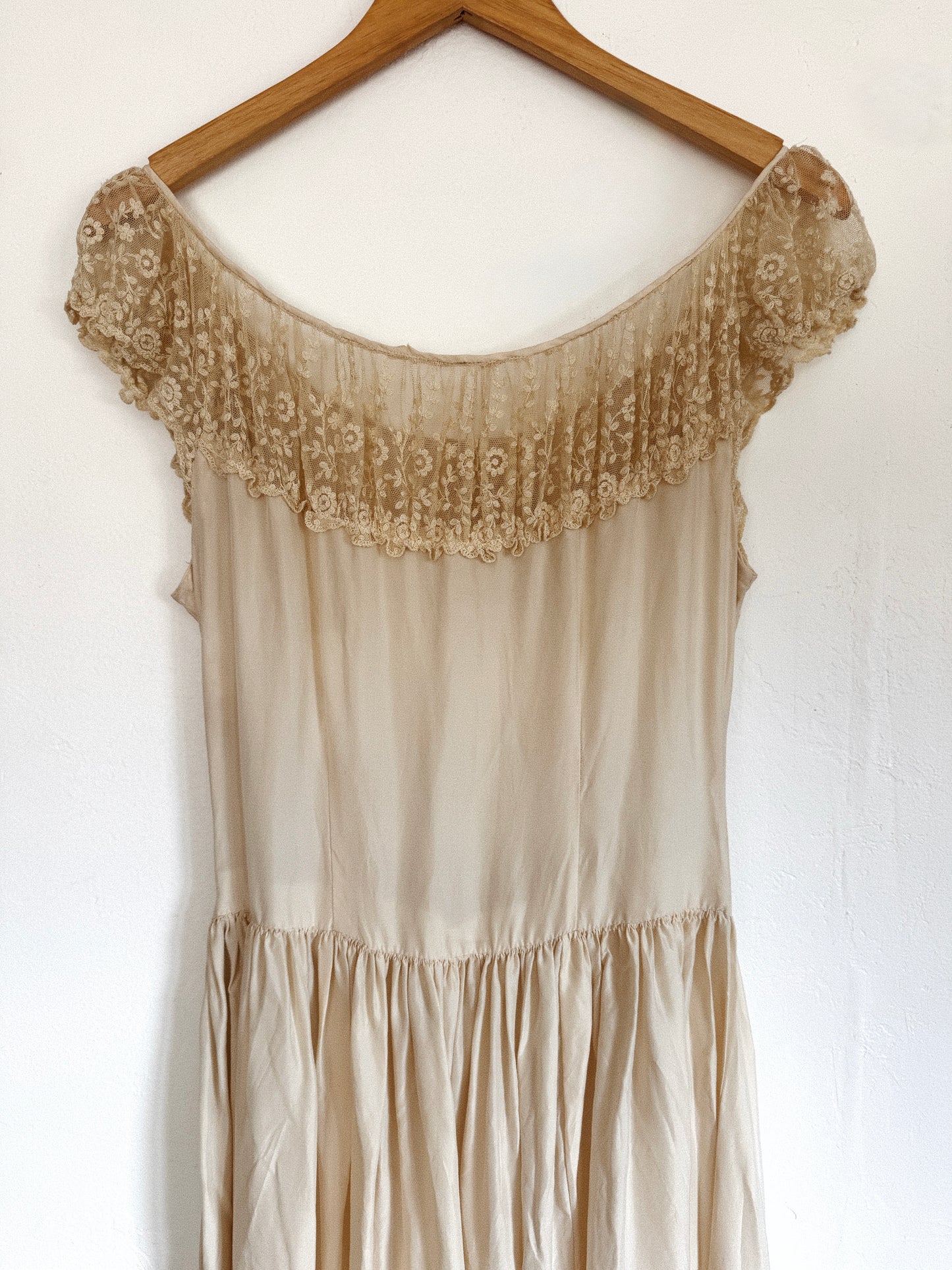1940s Ecru Lace + Ivory Silk Off the Shoulder Dress- S-S/M