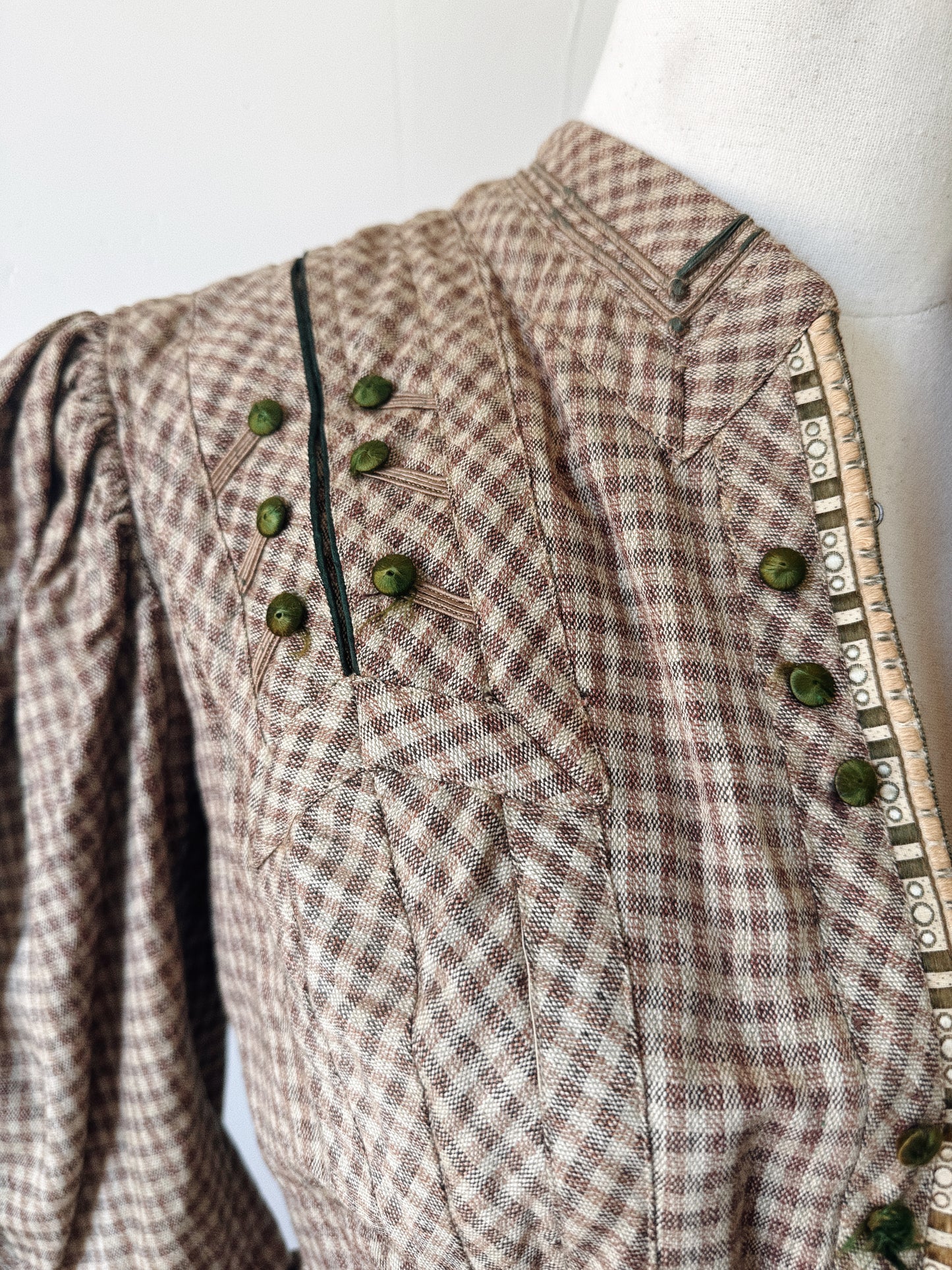 Victorian Gingham Balloon Sleeve Bodice w/ Emerald Silk Buttons- S-S/M