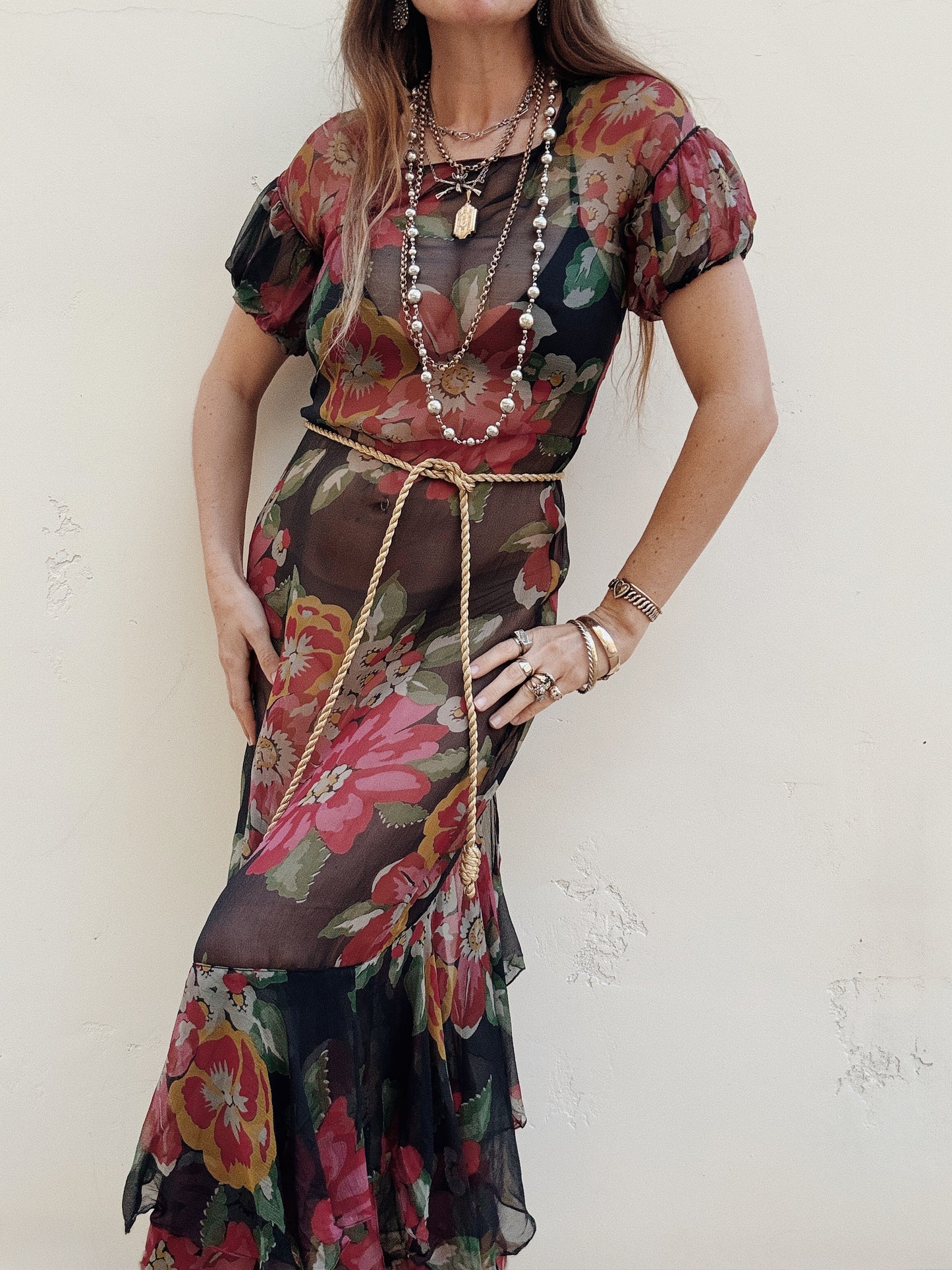 1930s Black Floral Chiffon Full Length Gown- S/M