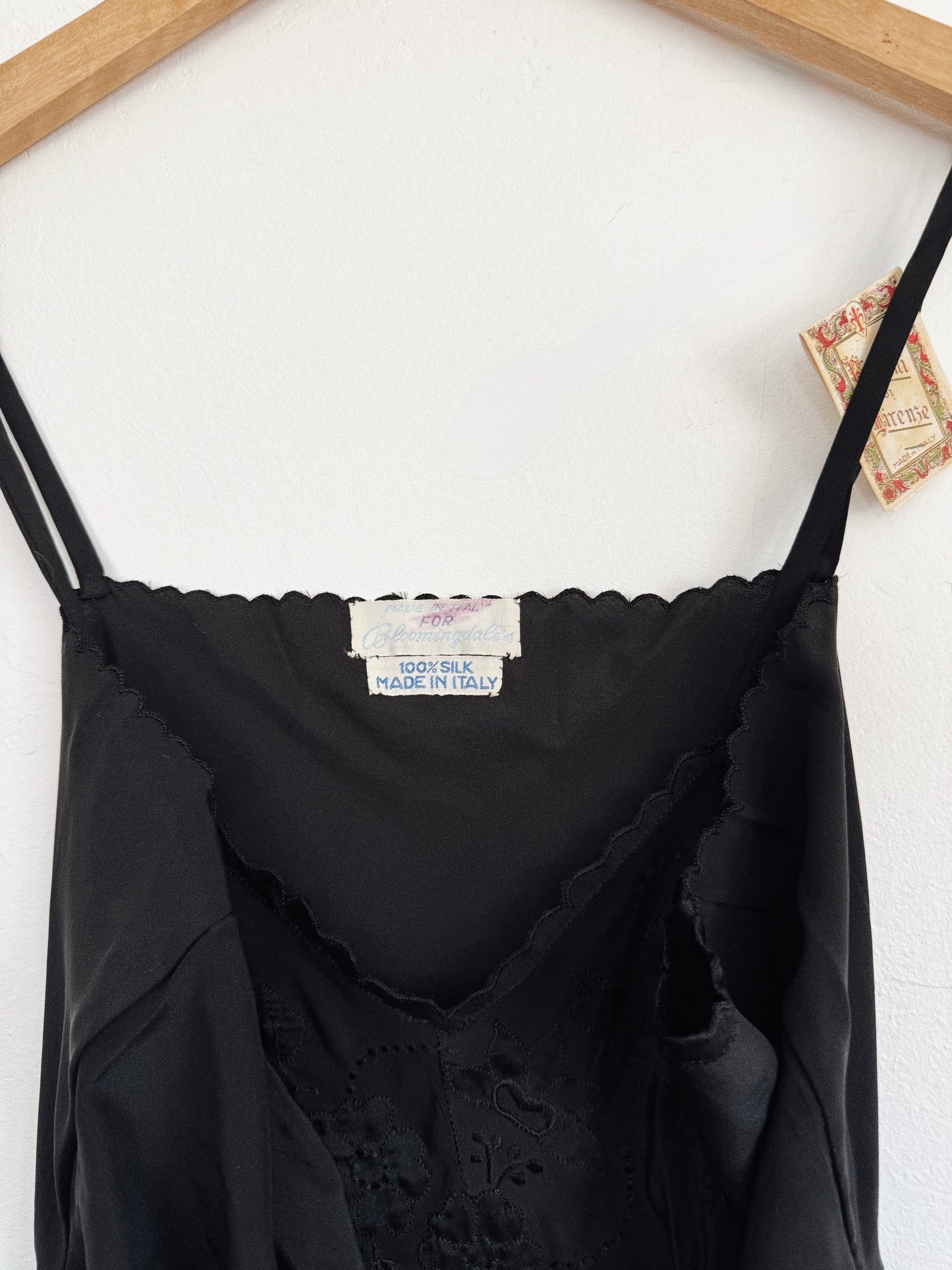 1930s/40s Italian Black Silk Slip Dress w/ Floral Embroidery- S-S/M