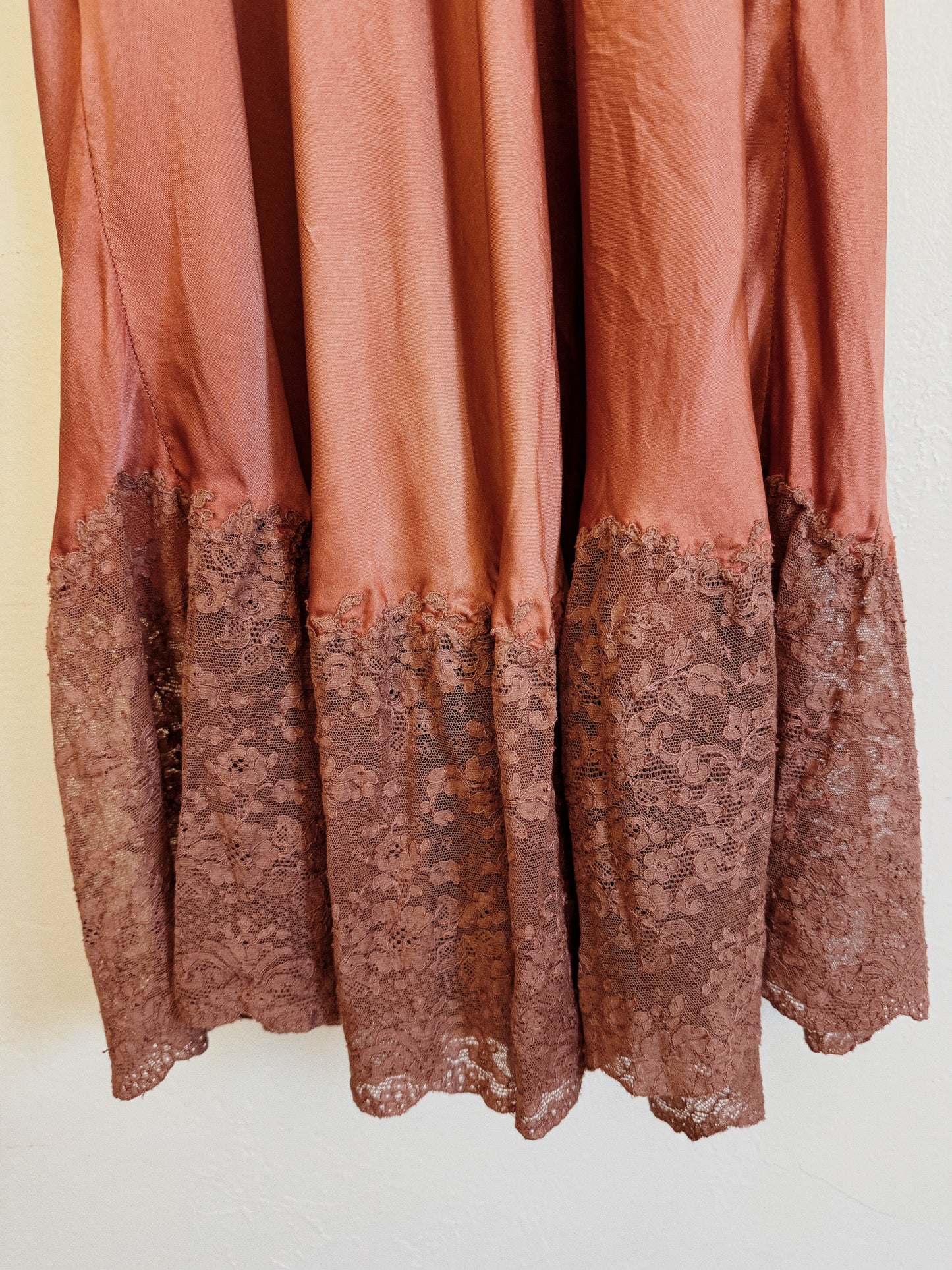 1930s Brown Silk + Lace Slip Dress w/ Braided Straps- XS/S