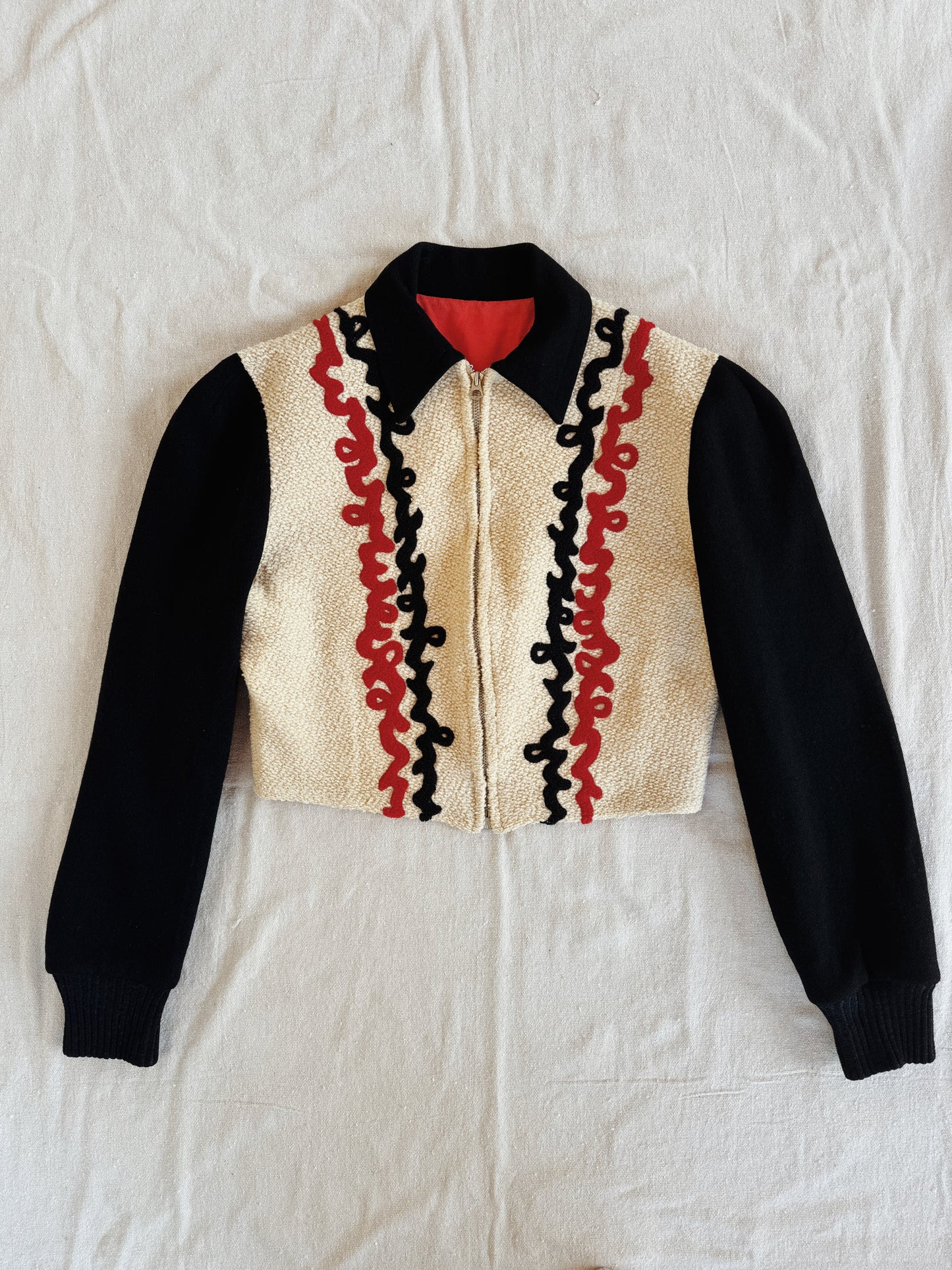 1930s Bouclé + Chenille Cropped Jacket w/ Zipper Front- M