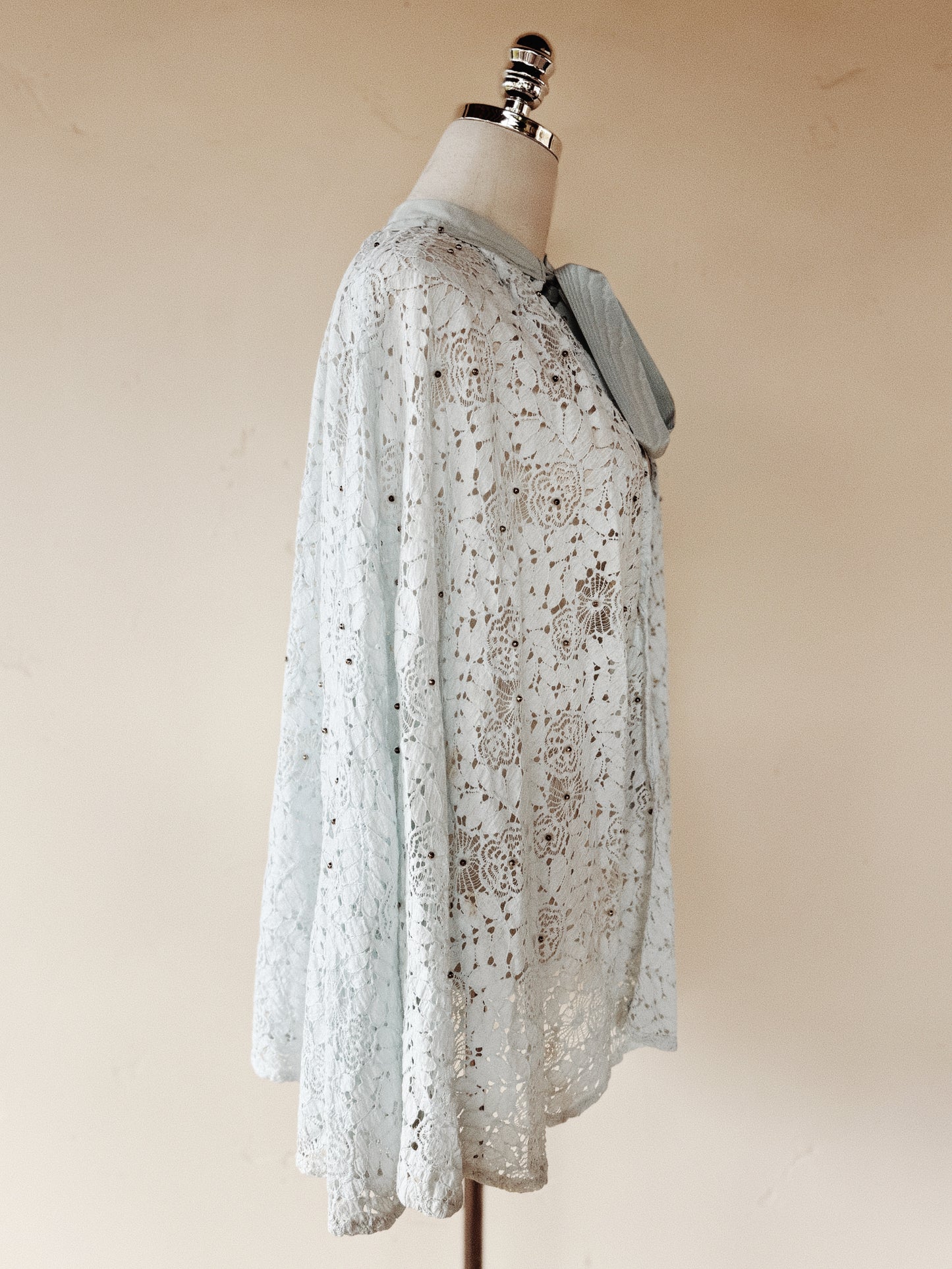 1930s Powder Blue Spider Web Lace Cape w/ Moiré Bow + Silver Ball Beads