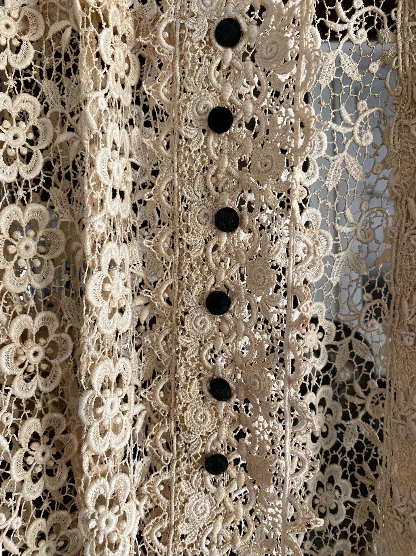 Antique Ecru Crocheted Peignoir w/ Black Velvet Buttons- M