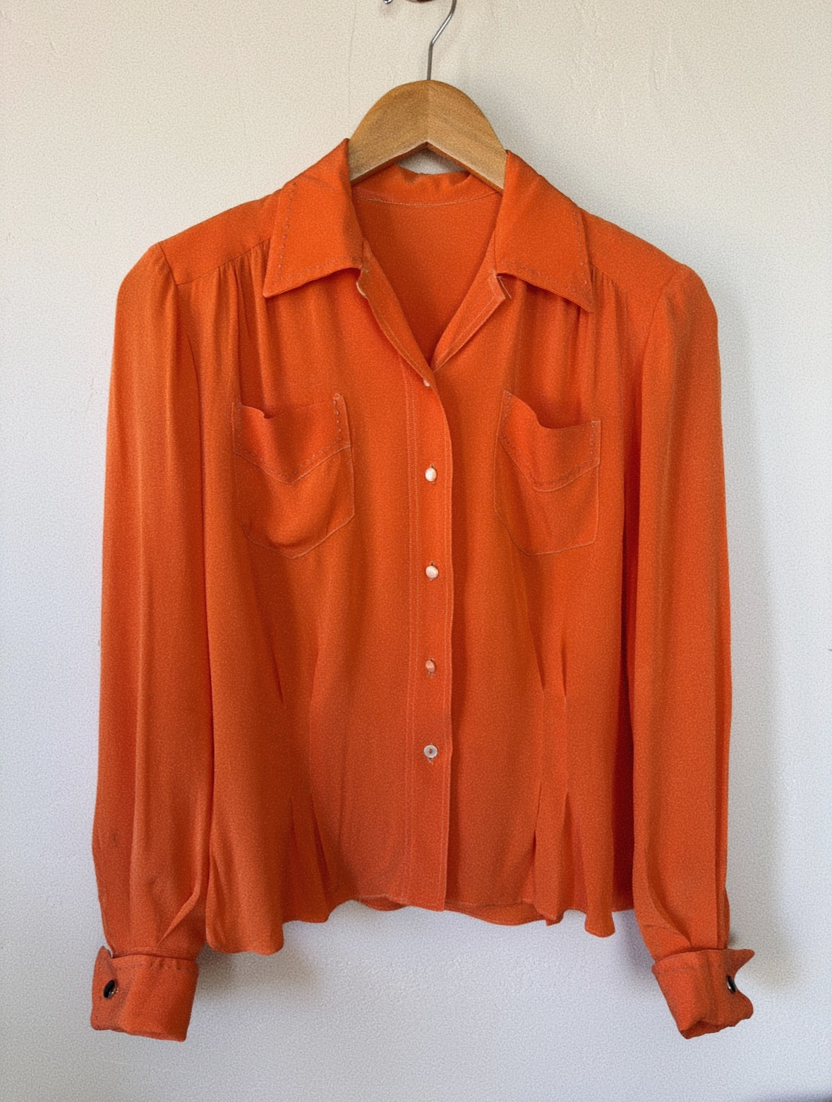 1940s Orange Sorbet Silk Crepe Blouse w/ Monochrome Stitching- S/M