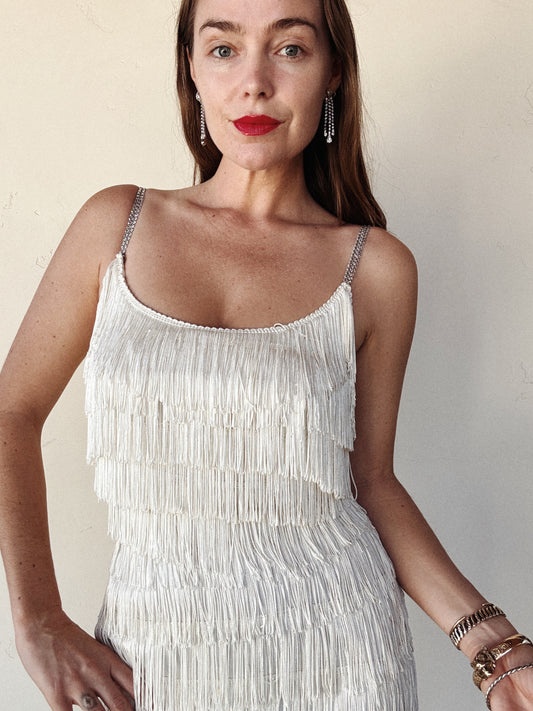 1950s White Tiered Fringe Hourglass Evening Gown- S