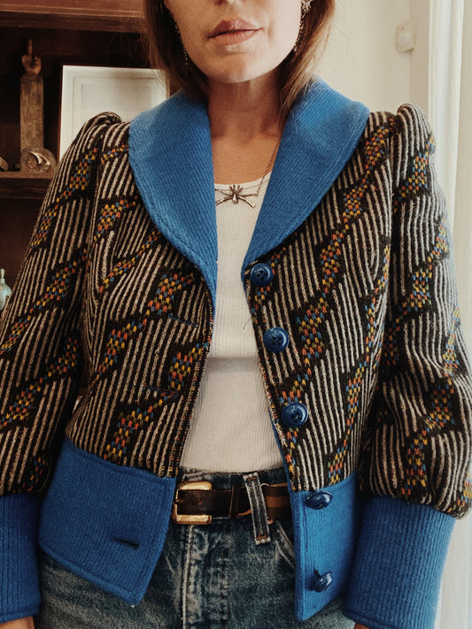 1970s does 30s Abstract Cropped Wool Jacket w/ Puffed Shoulders- S/M