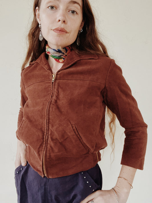 1930s French Brown Cropped Cyclist Jacket w/ Side Cinches- S/M