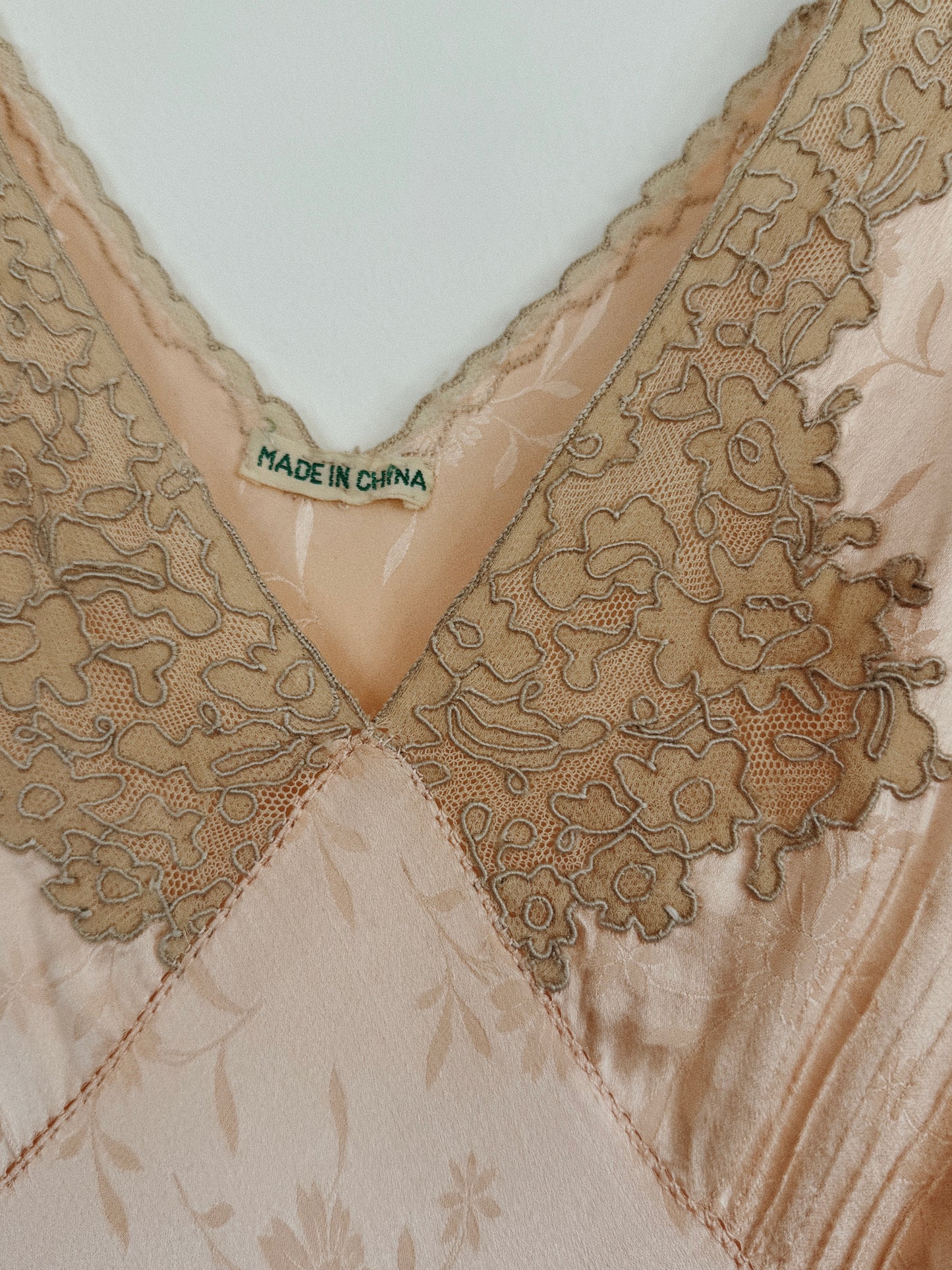 1930s Silk Floral Jacquard + Lace Slip Dress w/ Braided Sash- S-S/M