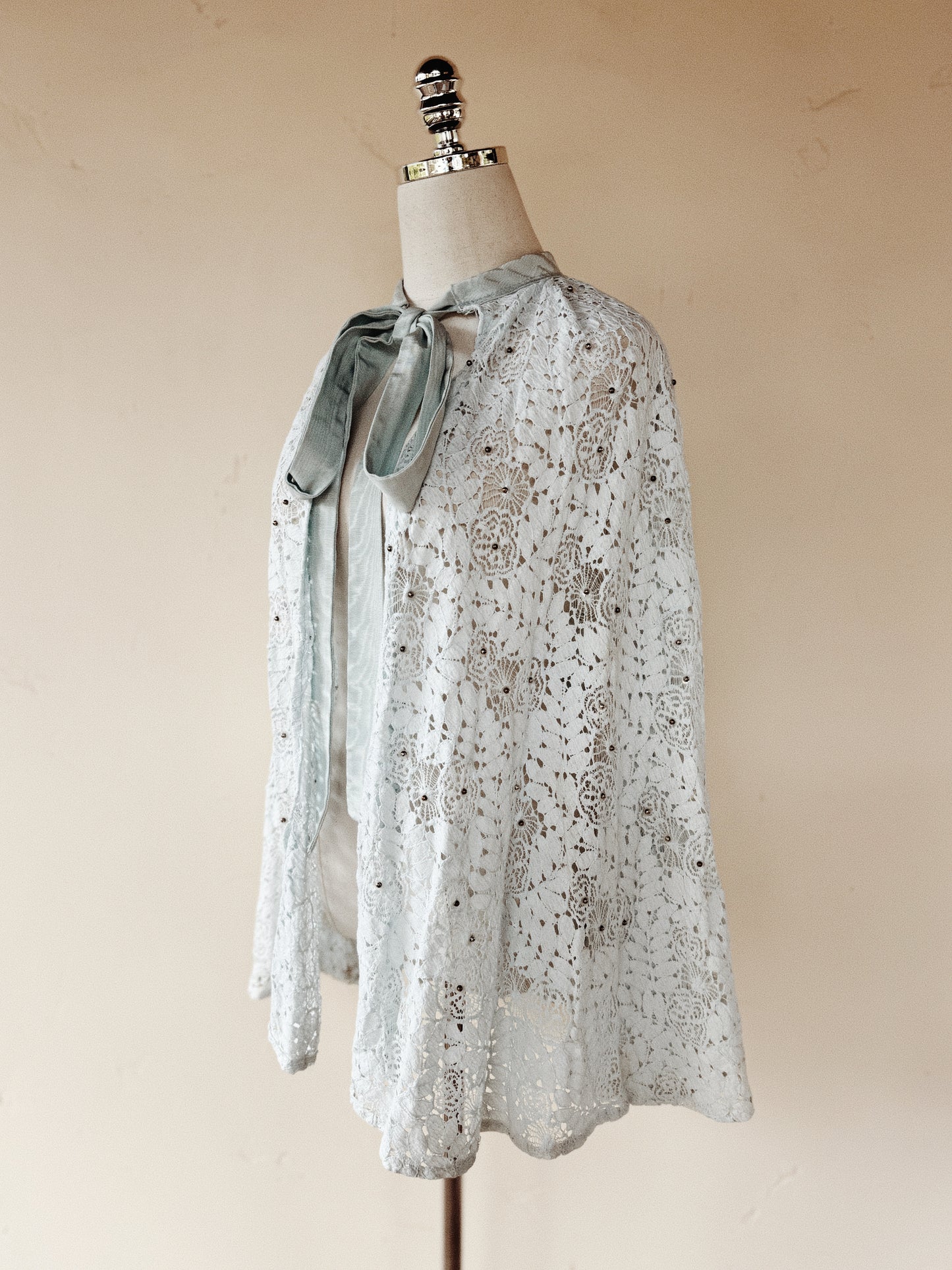 1930s Powder Blue Spider Web Lace Cape w/ Moiré Bow + Silver Ball Beads