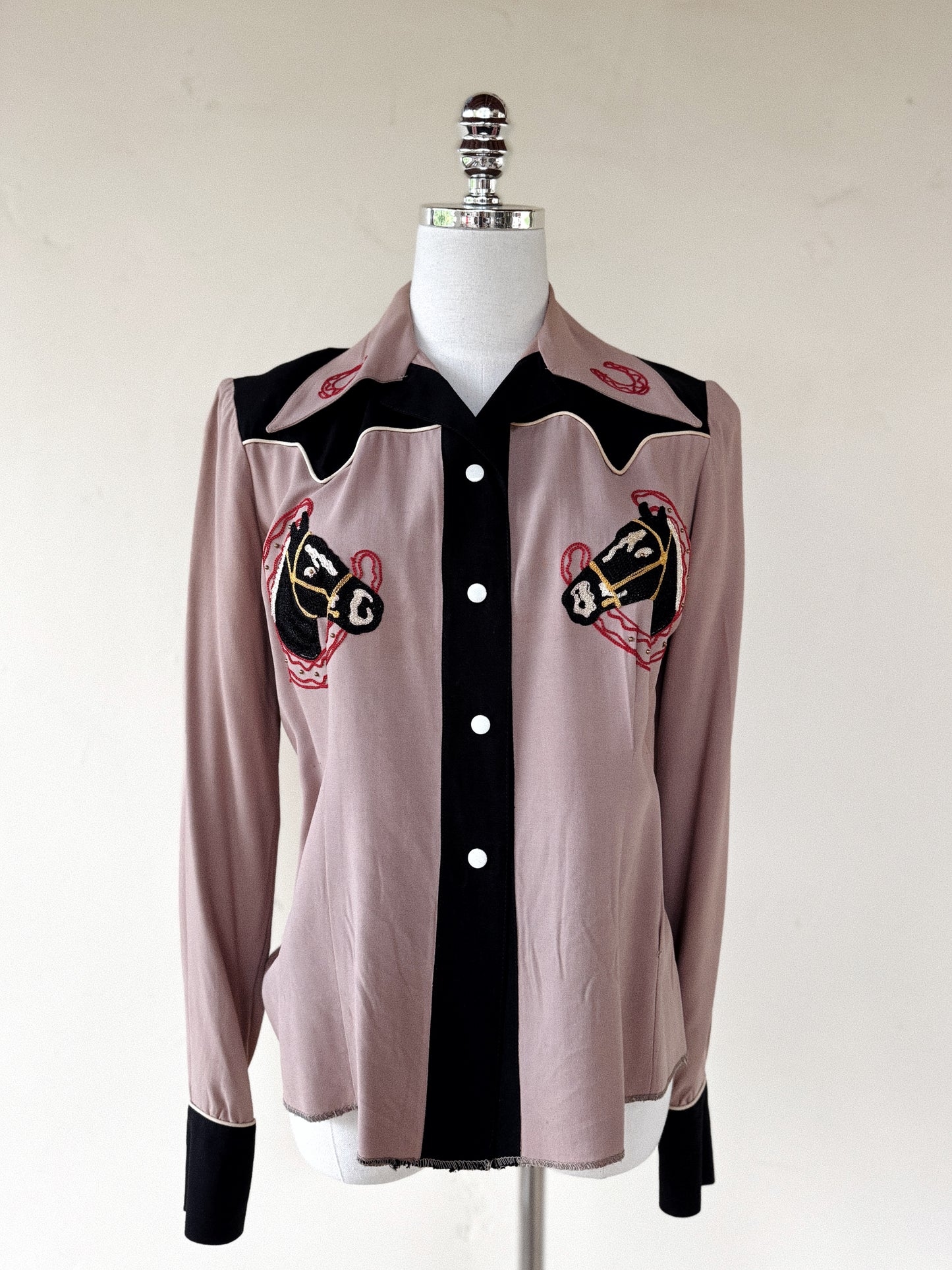 1940s Mauve + Black Horse Chain Stitched + Studded Top- S/M