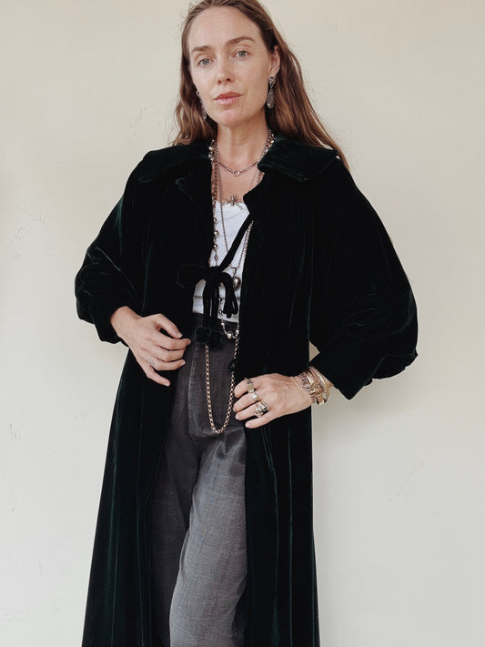 1930s/40s Emerald Green Velvet Deco Duster Coat w/ Bon Bons- S/M