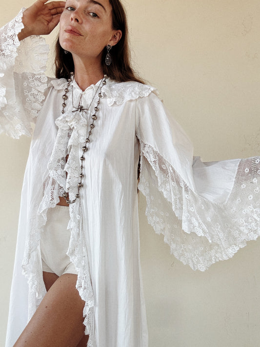 Edwardian White Angel Sleeve Boudoir Robe w/ Handmade Lace- S-S/M