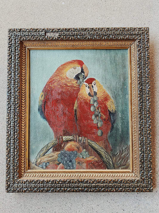 Antique Oil Painting of Parrots in Gilt Frame, Dated 1919- 16 x 18”