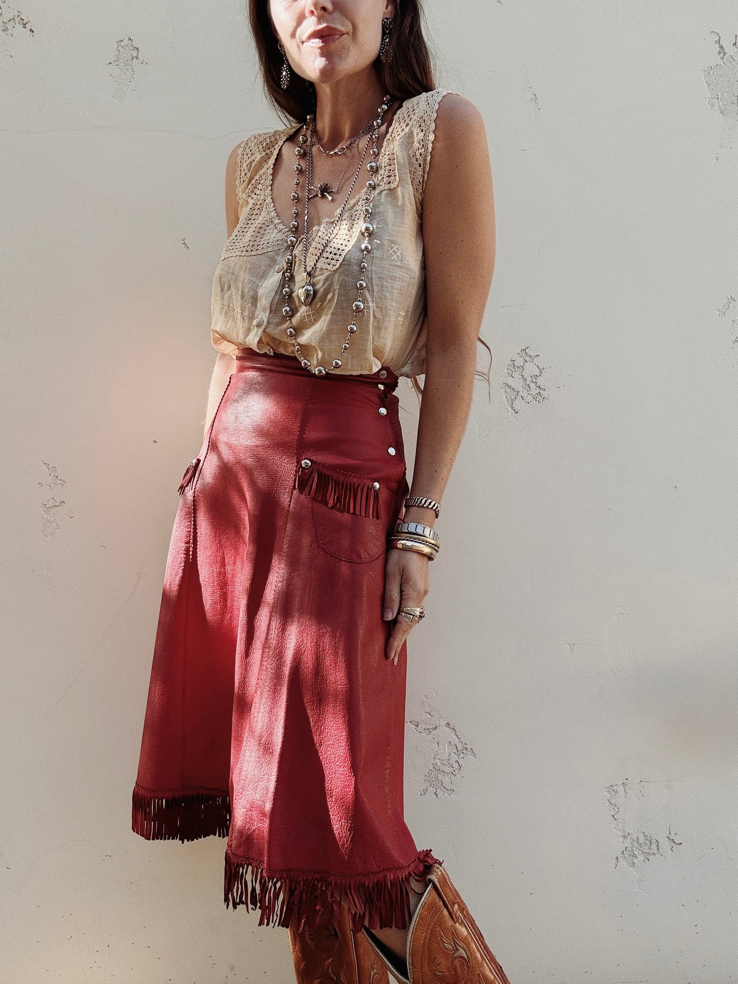 1930s/40s Western Oxblood Red Leather Fringe Cowgirl Skirt- S