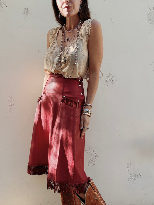 1930s/40s Western Oxblood Red Leather Fringe Cowgirl Skirt- S