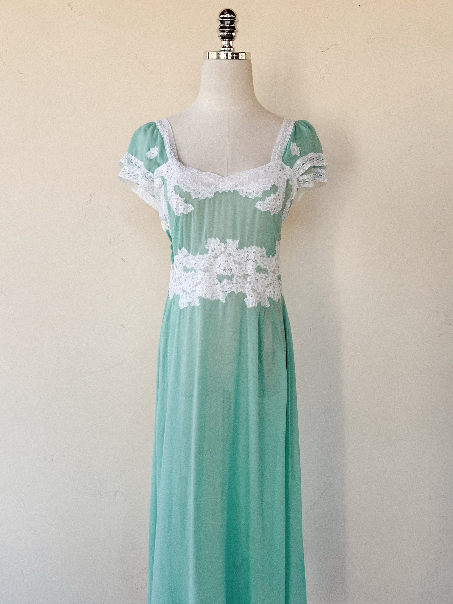 1930s Aquamarine Silk Chiffon + Lace Slip Dress- S-S/M