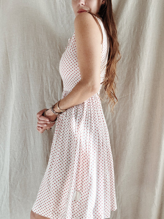 1940s/50s Cold Rayon White + Red Polka Dot Day Dress- S