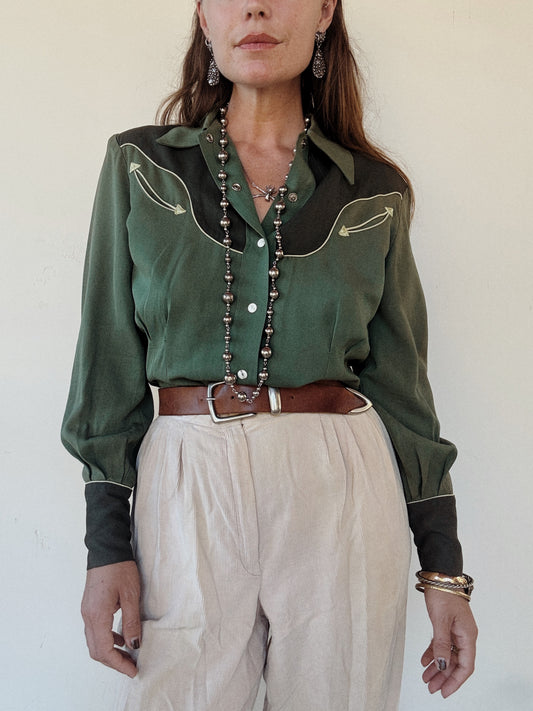 1940s Emerald Tri-Tone Gabardine Western Blouse- M