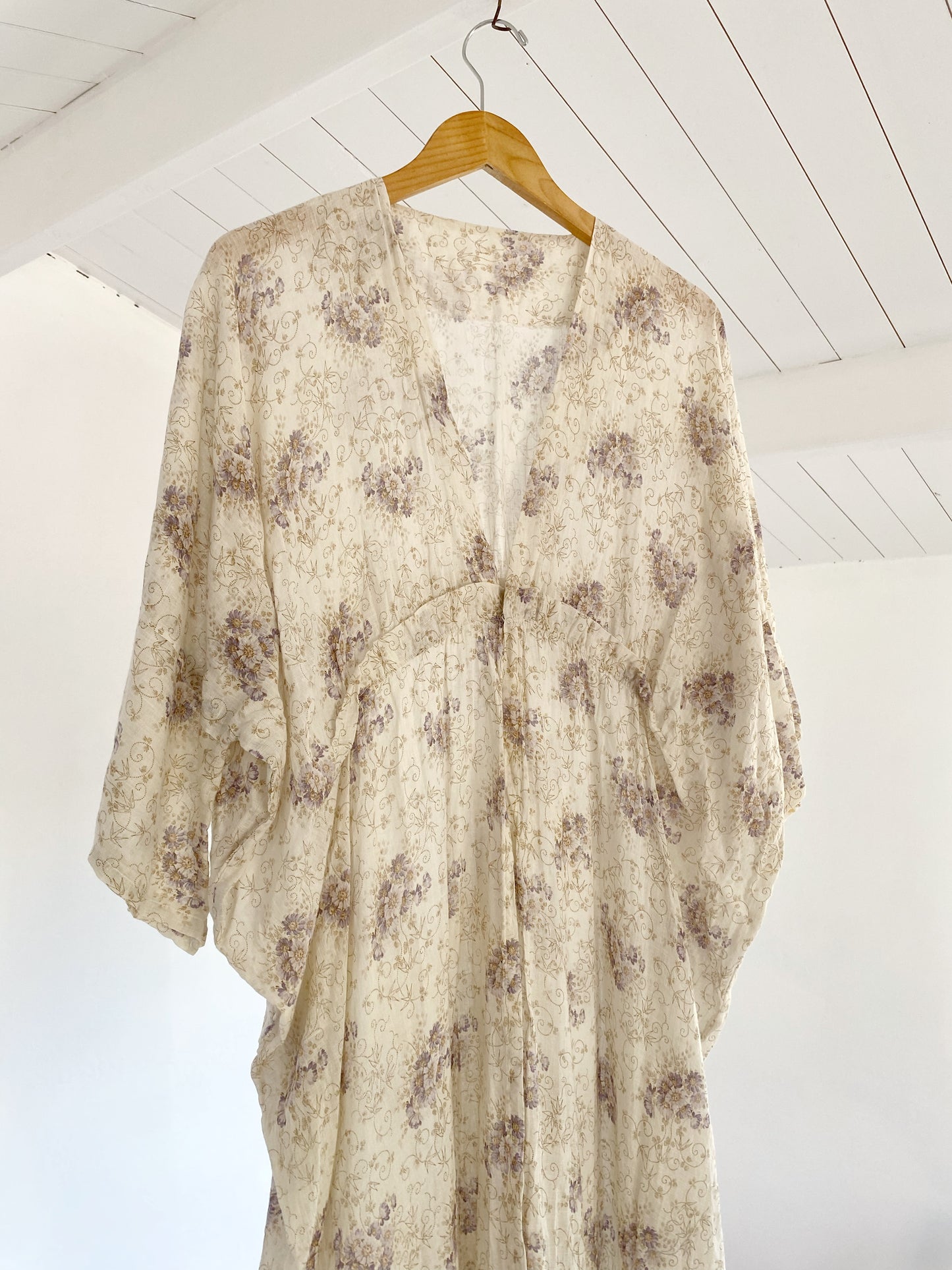 Edwardian White Cotton + Purple Floral Dressing Gown Duster- L-XL