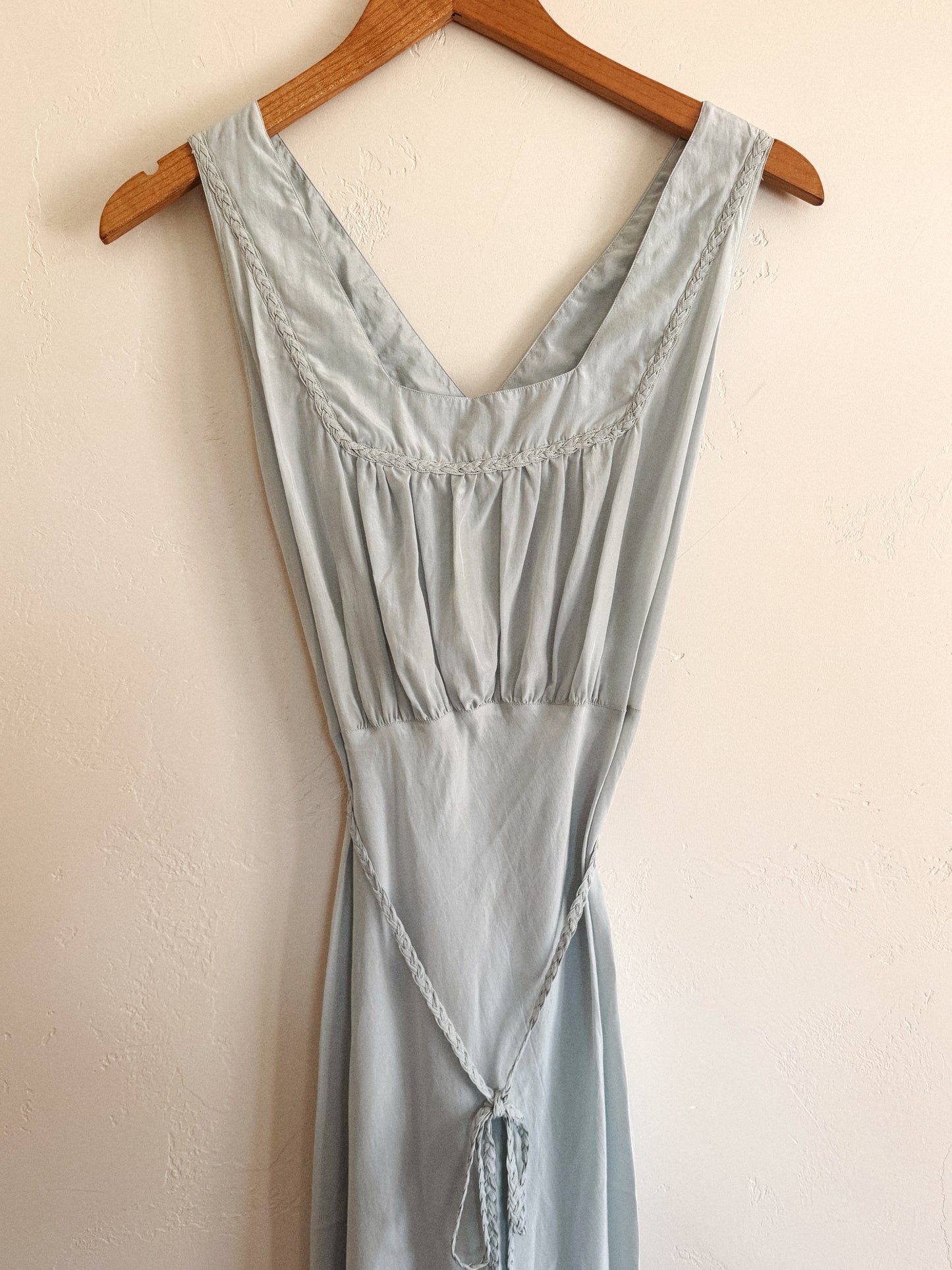 1940s Icy Blue Silk Crepe Slip w/ Braided Trim + Sash- S/M-M